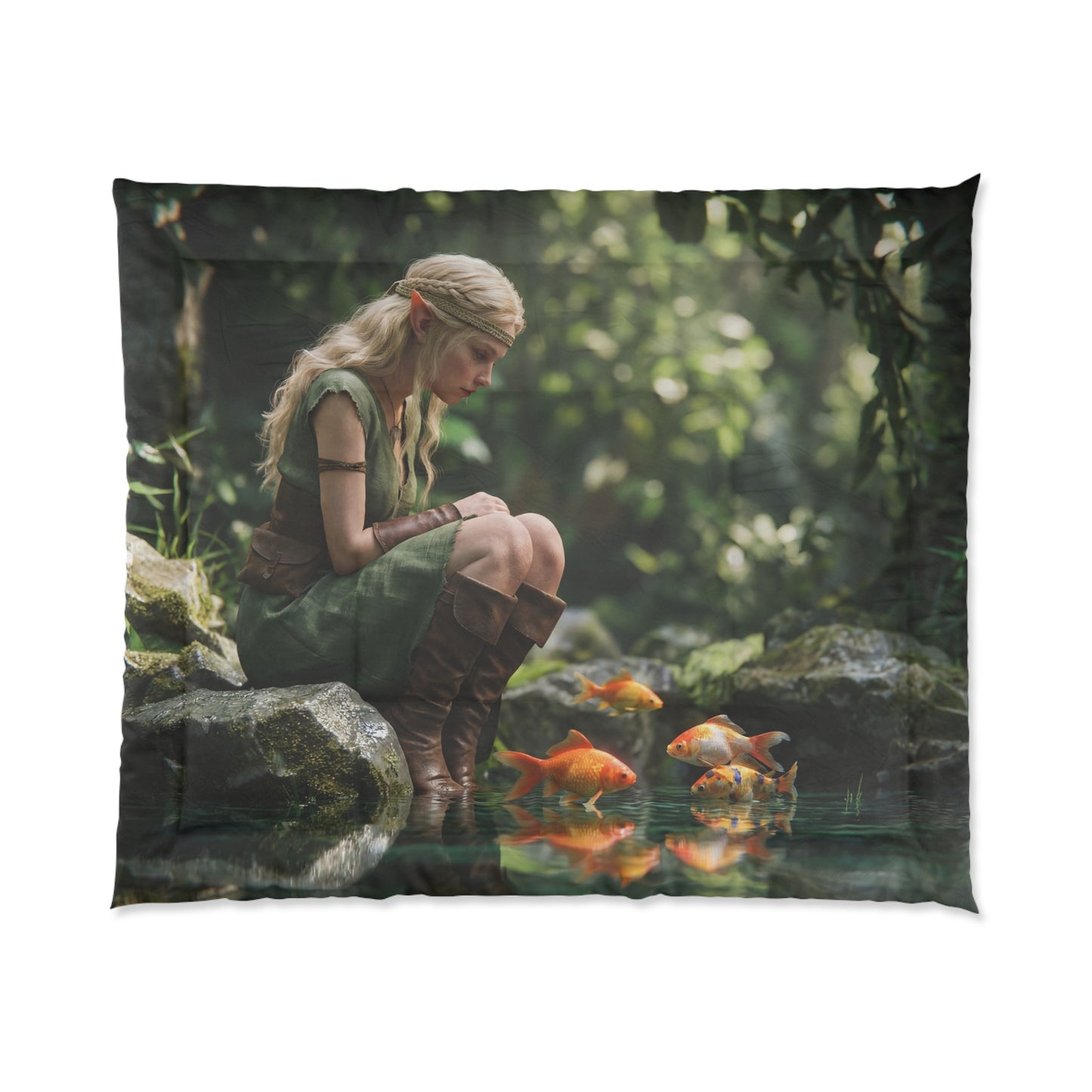 Elven Scholar by Serene Pond Comforter – Golden Fish and Whispering Leaves