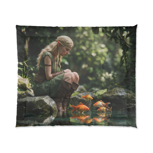 Elven Whisperer Comforter – Golden Fish in Mossy Grove Dreamscape