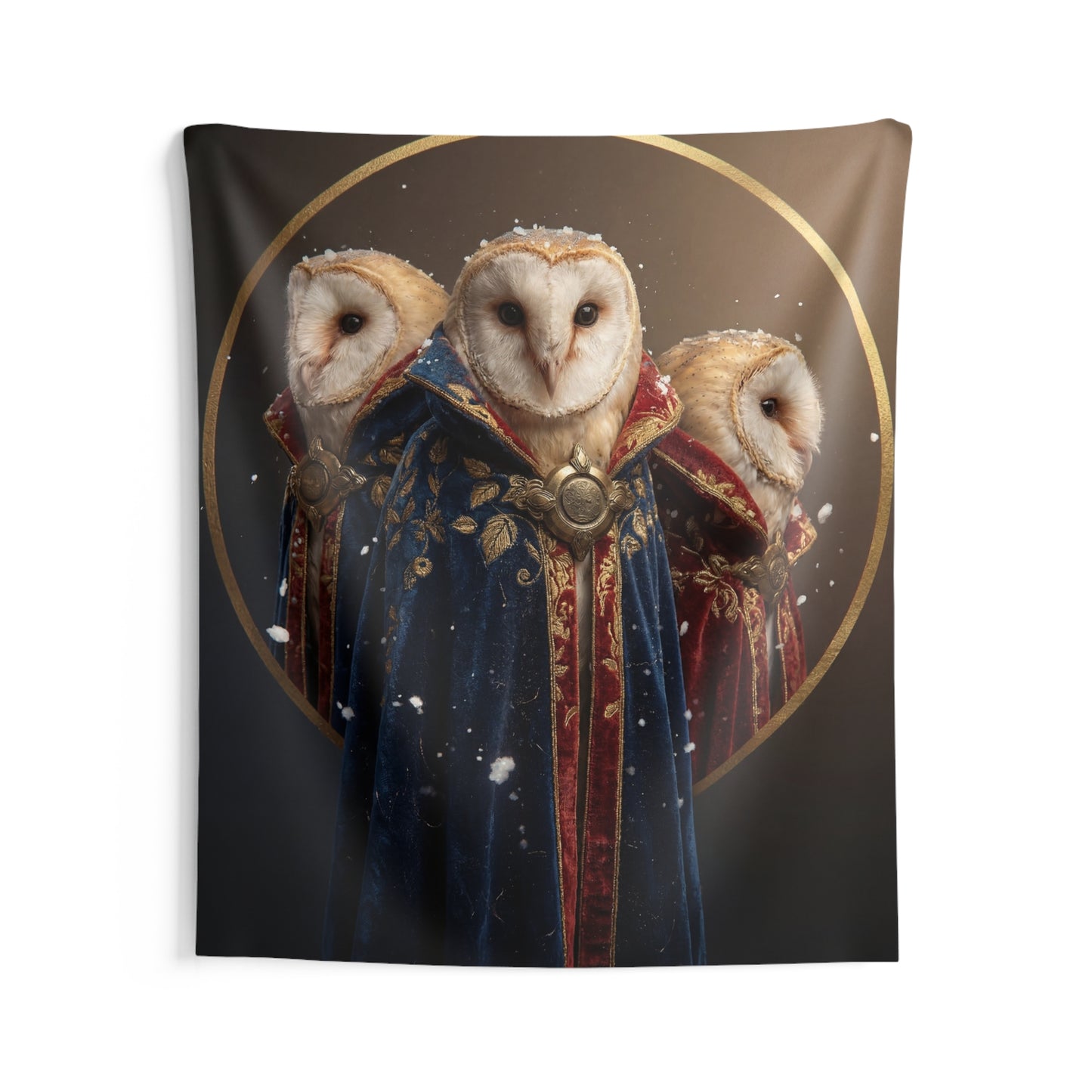 Three Owls in Velvet Robes Indoor Wall Tapestries – Winter Courtly Guardians