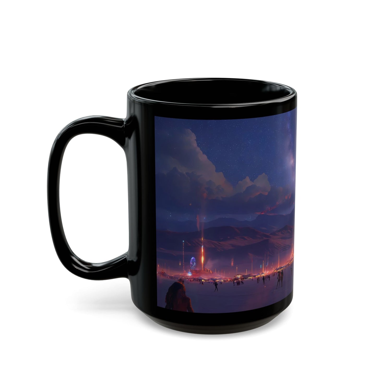 Cosmic Spire Black Mug – Neon Desert Temple Dreamscape
