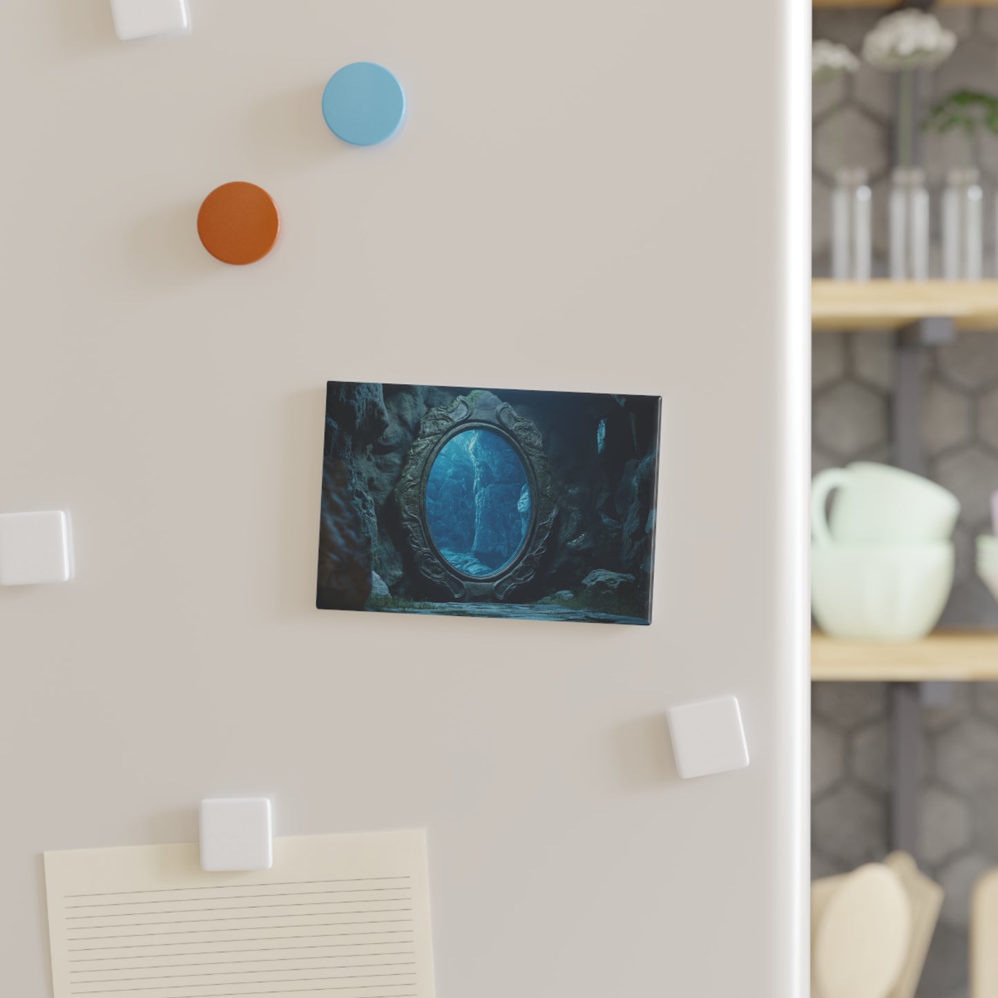 Mirror Portal to Azure Depths Button Magnet, Rectangle (1 & 10 pcs) – Whispers of a Submerged World