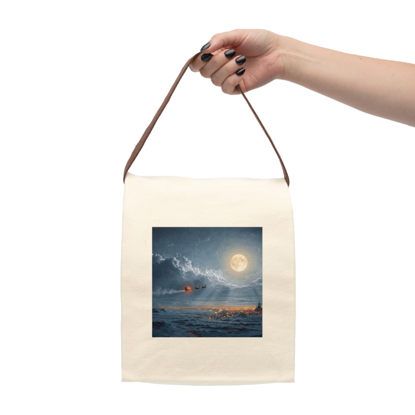 Moonlit Sleigh Canvas Lunch Bag With Strap – Frosty Night Flight Winter Scene
