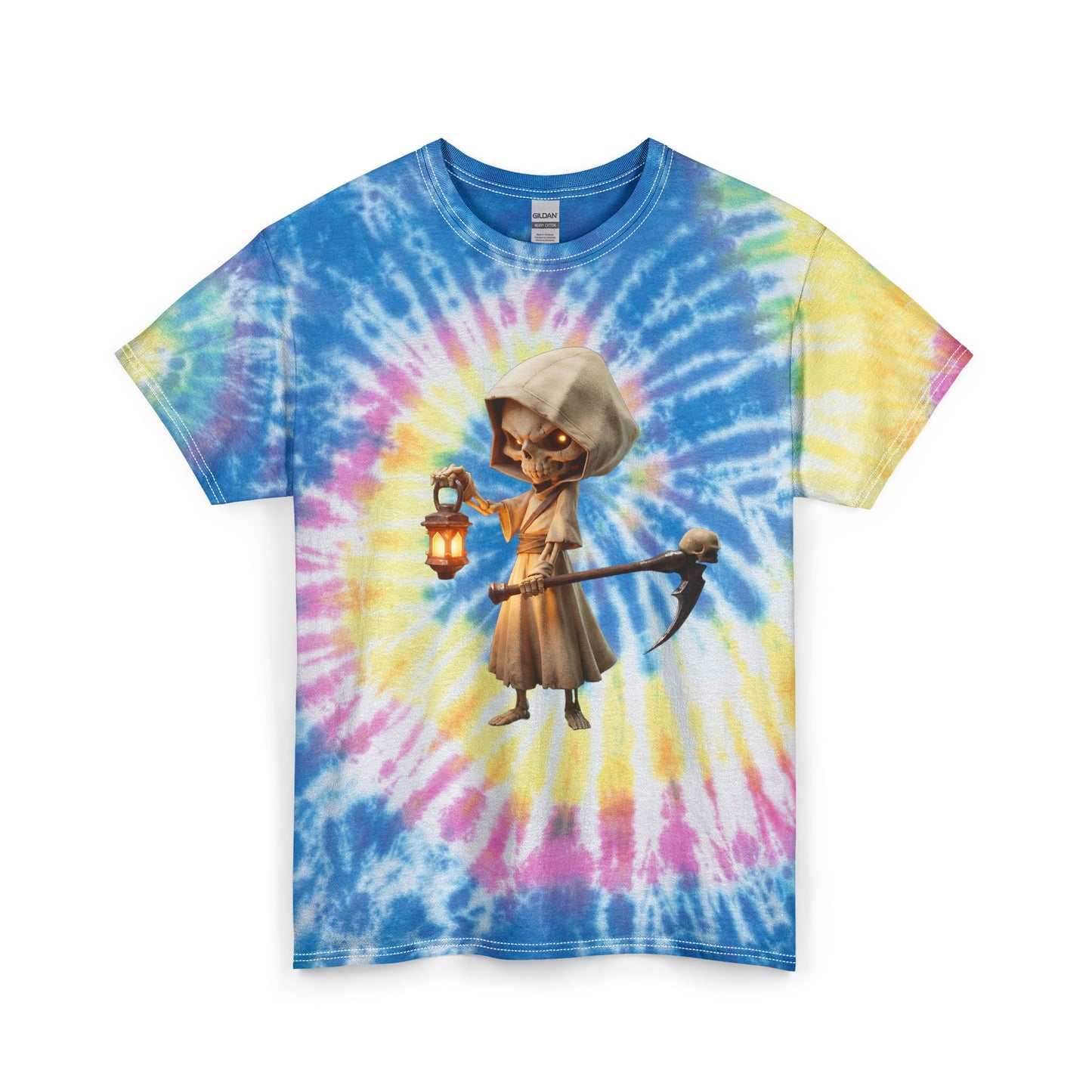 Lantern Guardian Unisex Tie Dye Cotton Tee – Hooded Reaper with Skull Scythe and Glow