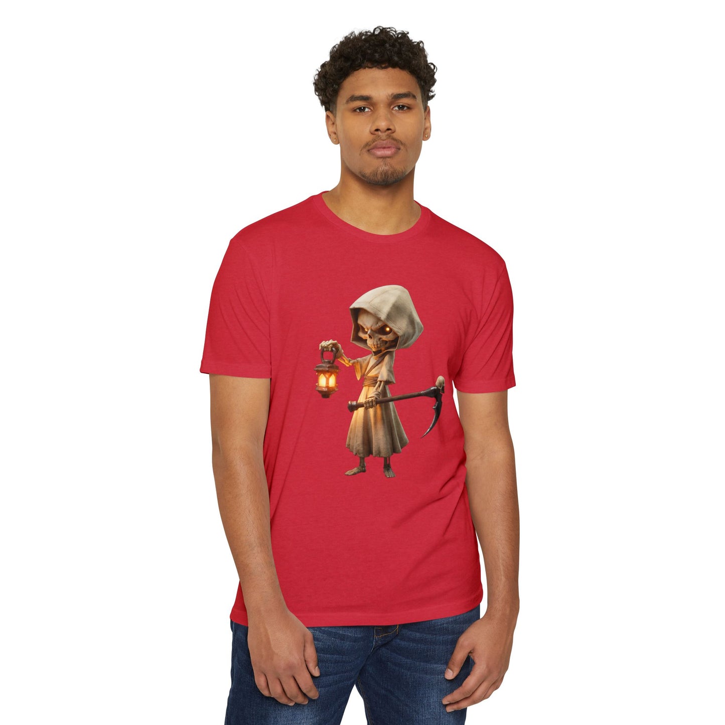 Lantern-Bearing Grim Reaper T-shirt – Hooded Sentinel with Scythe