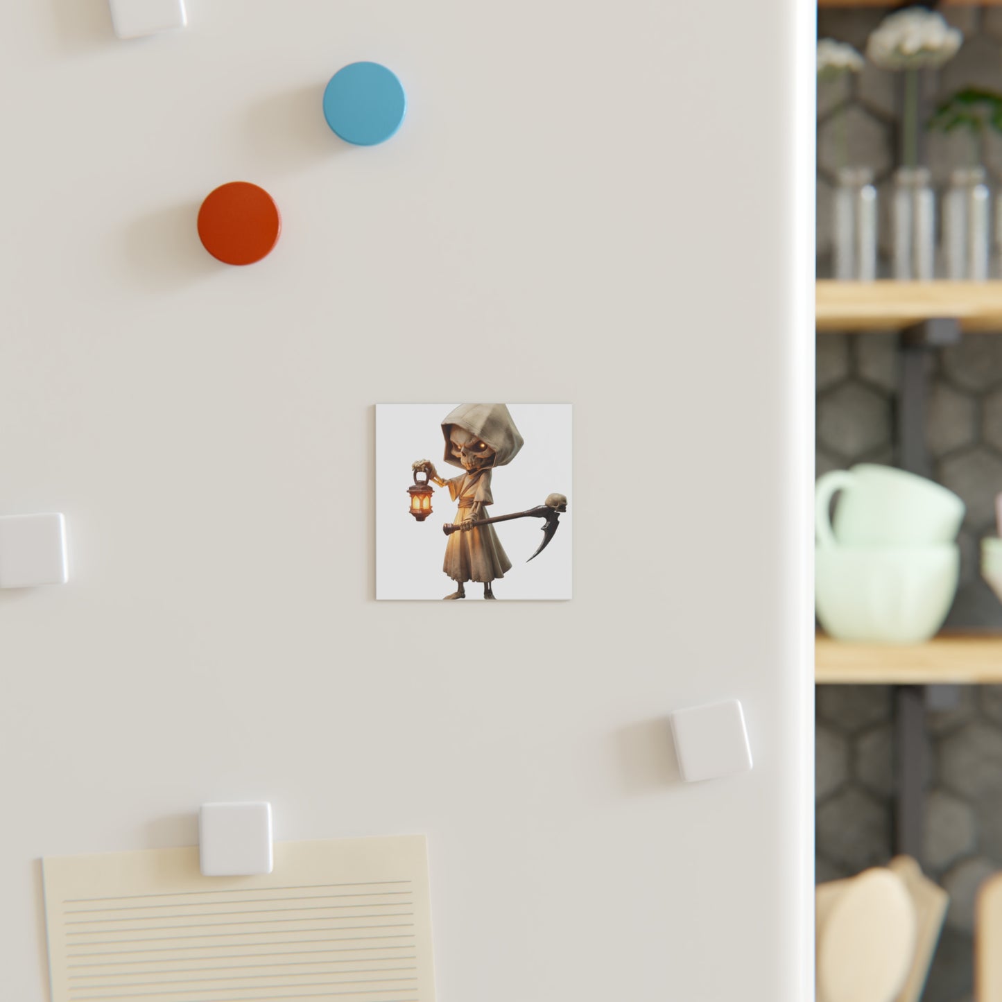 Lantern-Bearing Sentinel Square Magnet – Hooded Skeleton Guardian
