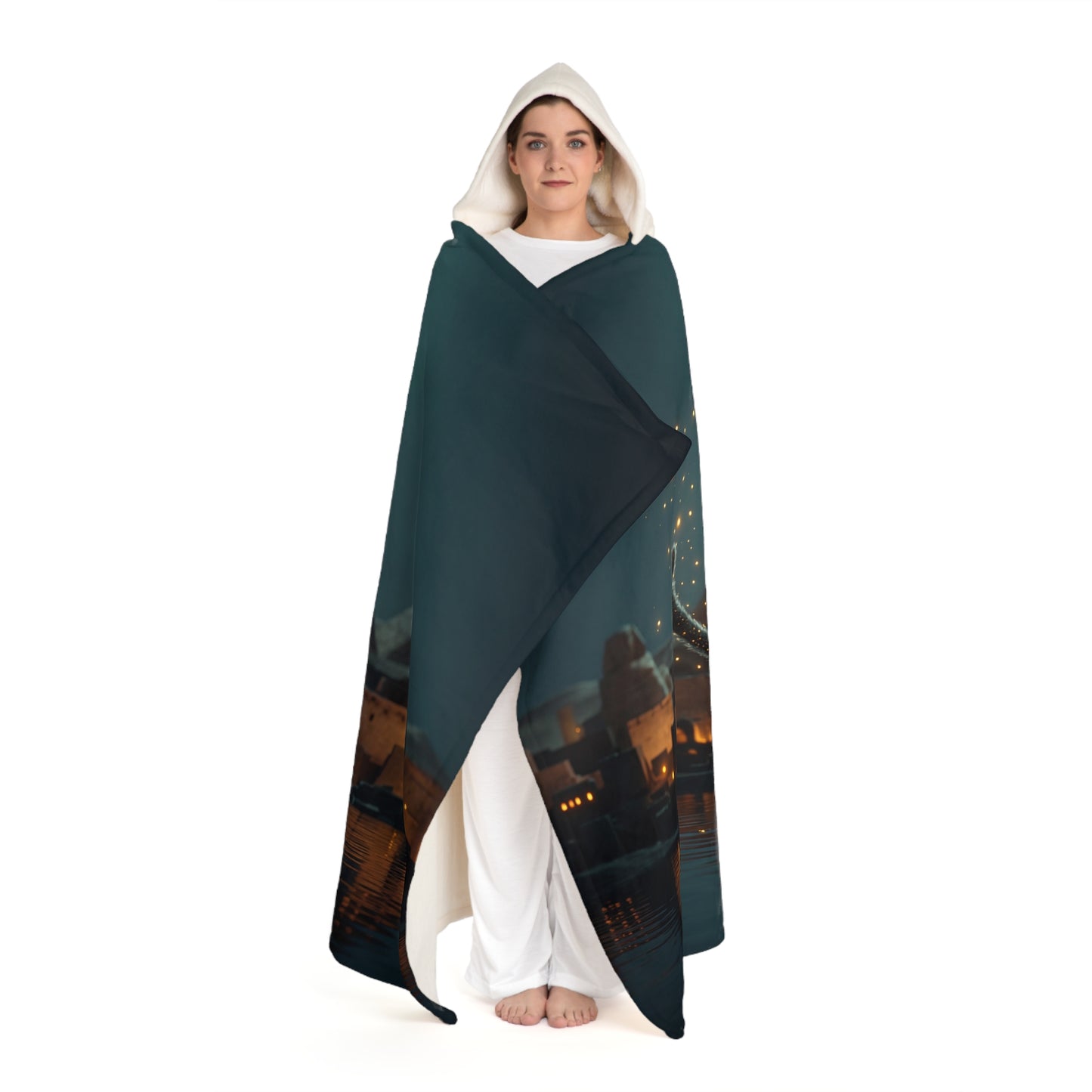 Golden Cat Sphinx Sentinel Hooded Sherpa Fleece Blanket – Crescent Moon Night Walk
