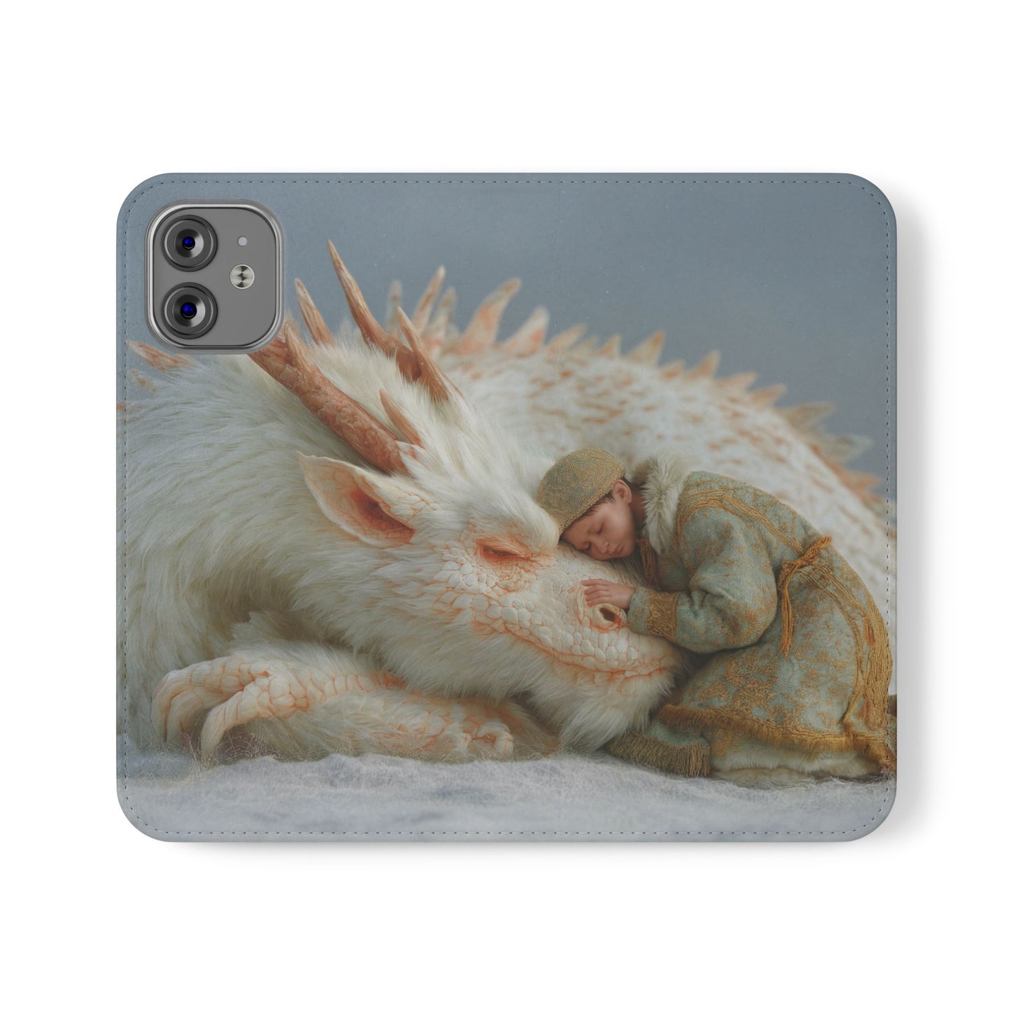 Sleeping Child and Dragon Flip Cases – Snowy Guardian Embrace