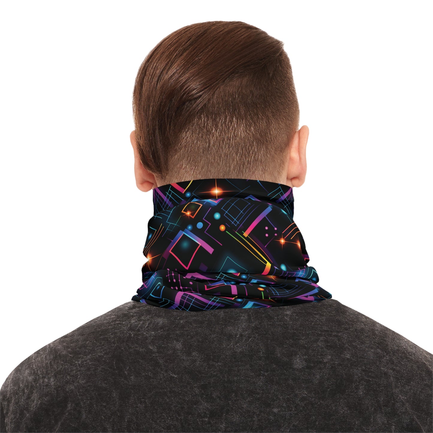 "A tiling pattern of abstract geometric shapes in neon colors with laser beam accents on a black background" - Lightweight Neck Gaiter