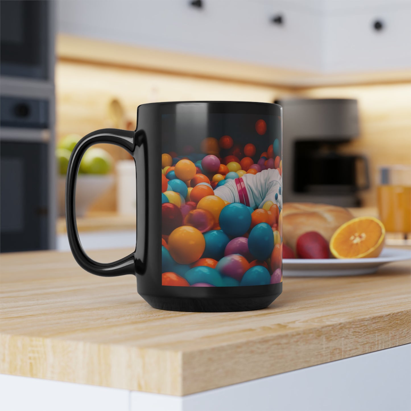 a realistic of photography astronaut lying in colourful balls pool - Mug, Black