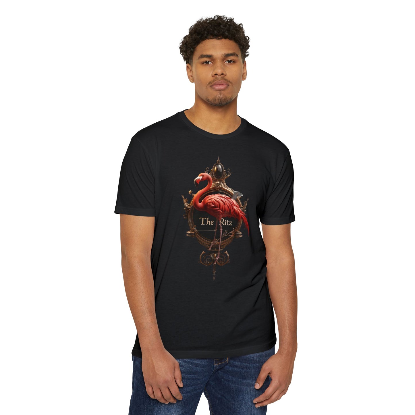 The Ritz Flamingo Ornate Clock T-shirt – Gilded Timepiece and Pink Bird Design