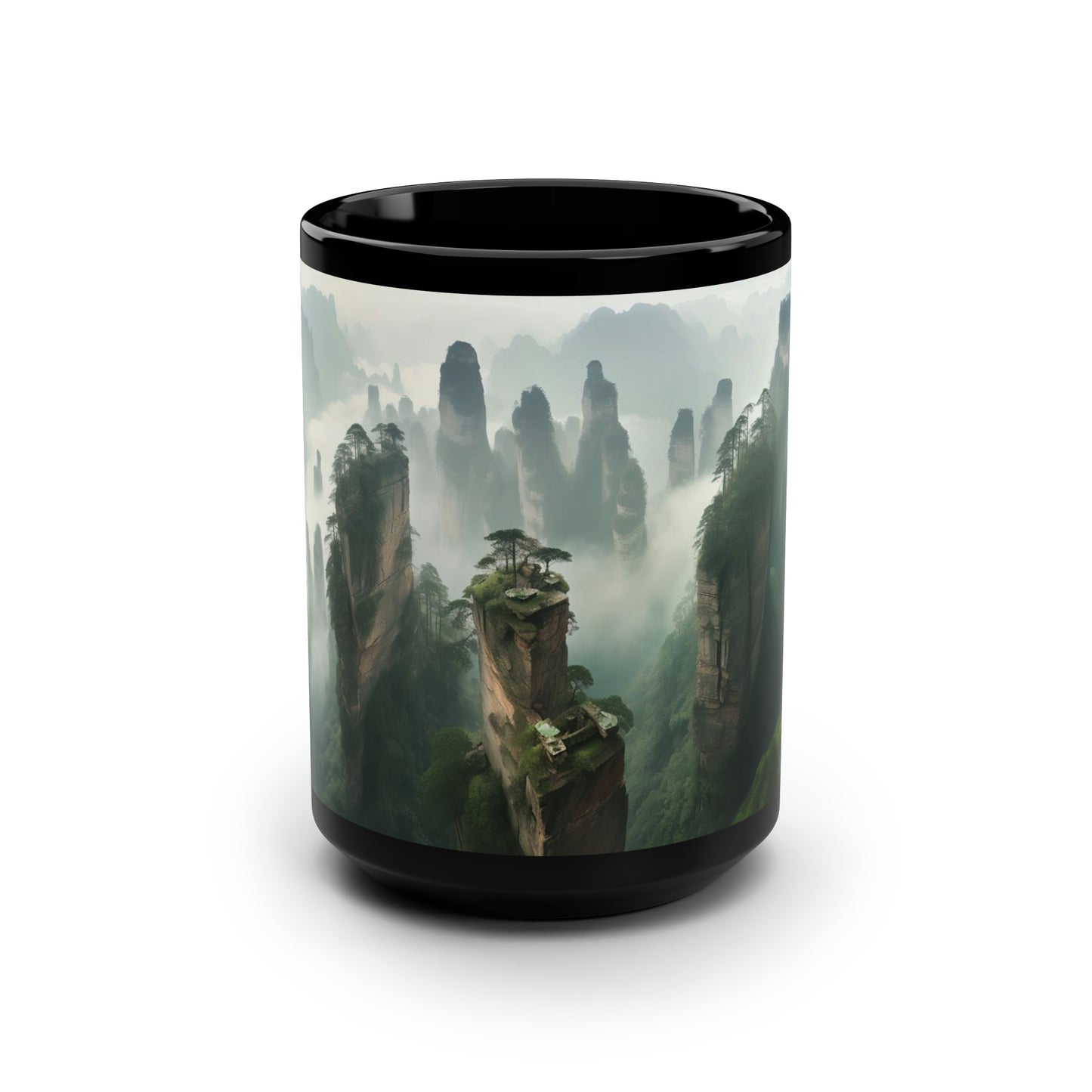 Captivating panoramic image of the Zhangjiajie National Forest Park in China, showcasing the towering sandstone pillars shrouded in mist - Mug, Black