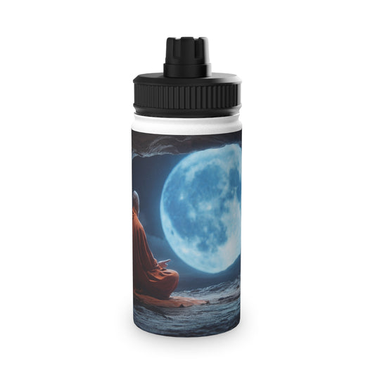 Moonlit Monk Stainless Steel Water Bottle, Sports Lid – Serene Cave Meditation Scene