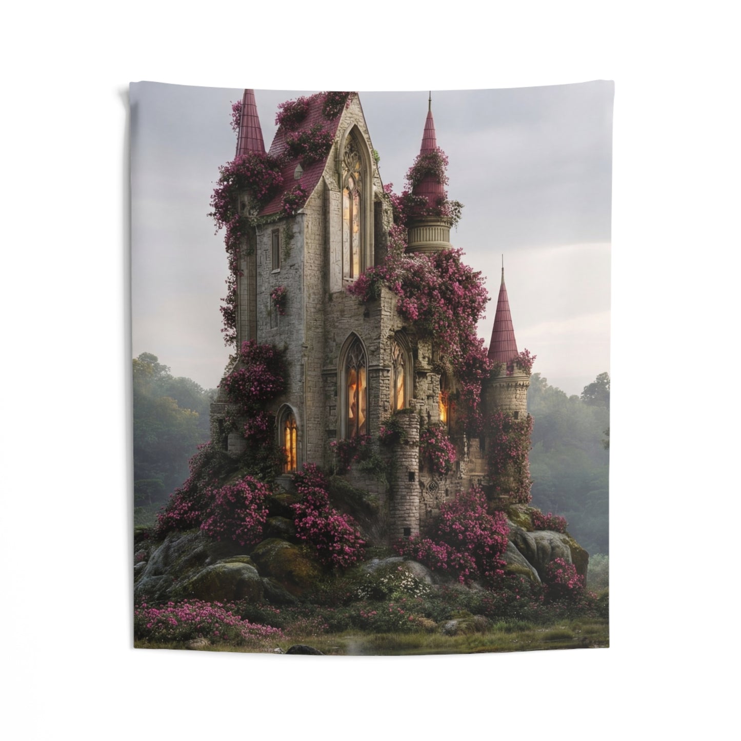Rose-Covered Castle Wall Tapestry – Twilight Bloom Sanctuary
