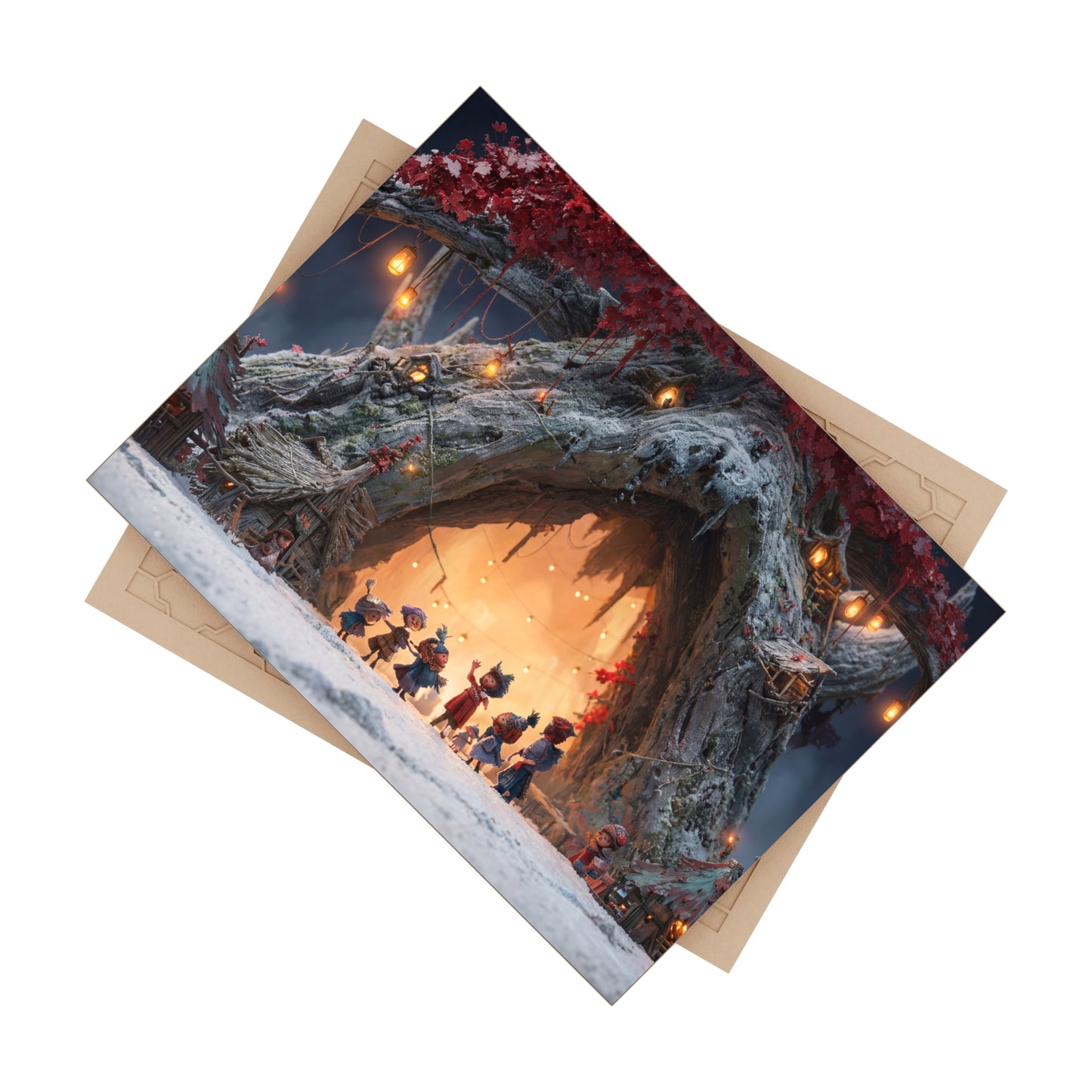 Winter Treehouse Village Ceramic Photo Tile – Snow-Dusted Folk Gathering