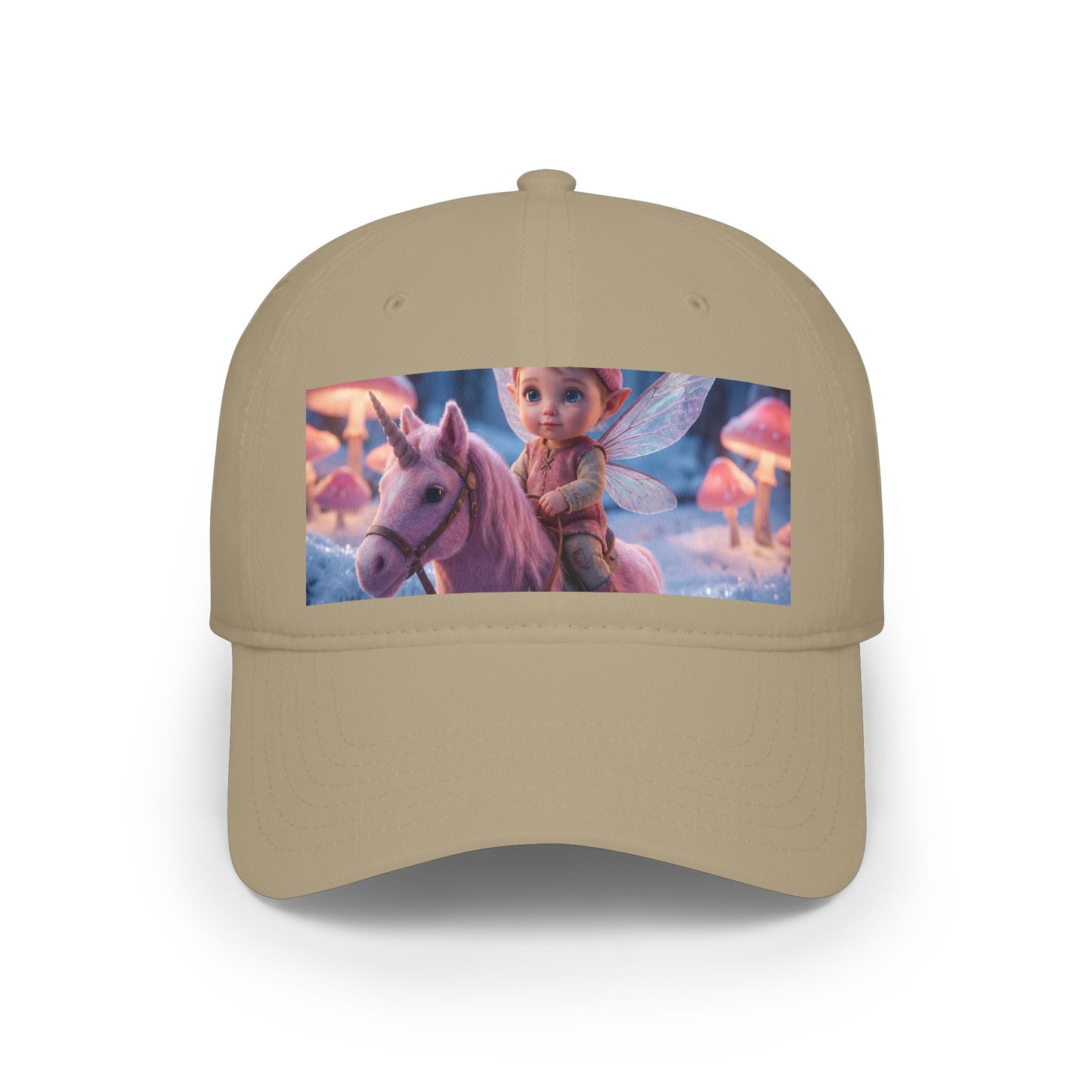 Pink Unicorn Fairy Rider Low Profile Baseball Cap – Winter Moss & Mushroom Forest