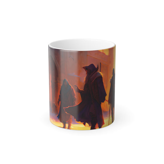 a dnd adventuring party traveling, temple to the gods of despair at golden hour, Uzbekistan wilderness, winter atmosphere, five figures, fantasy heroes - Color Morphing Mug, 11oz