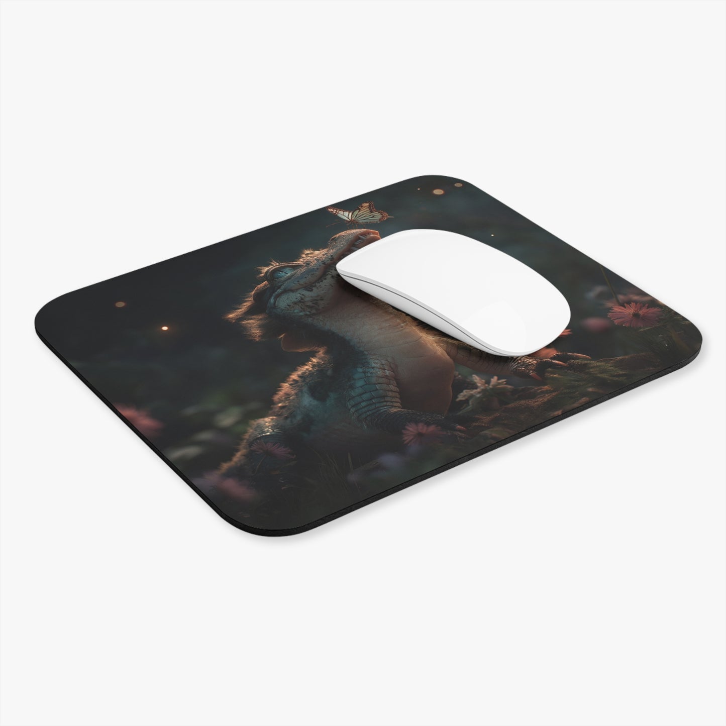 Gentle Crocodile with Butterfly Mouse Pad – Twilight Garden Whimsy (Rectangle)