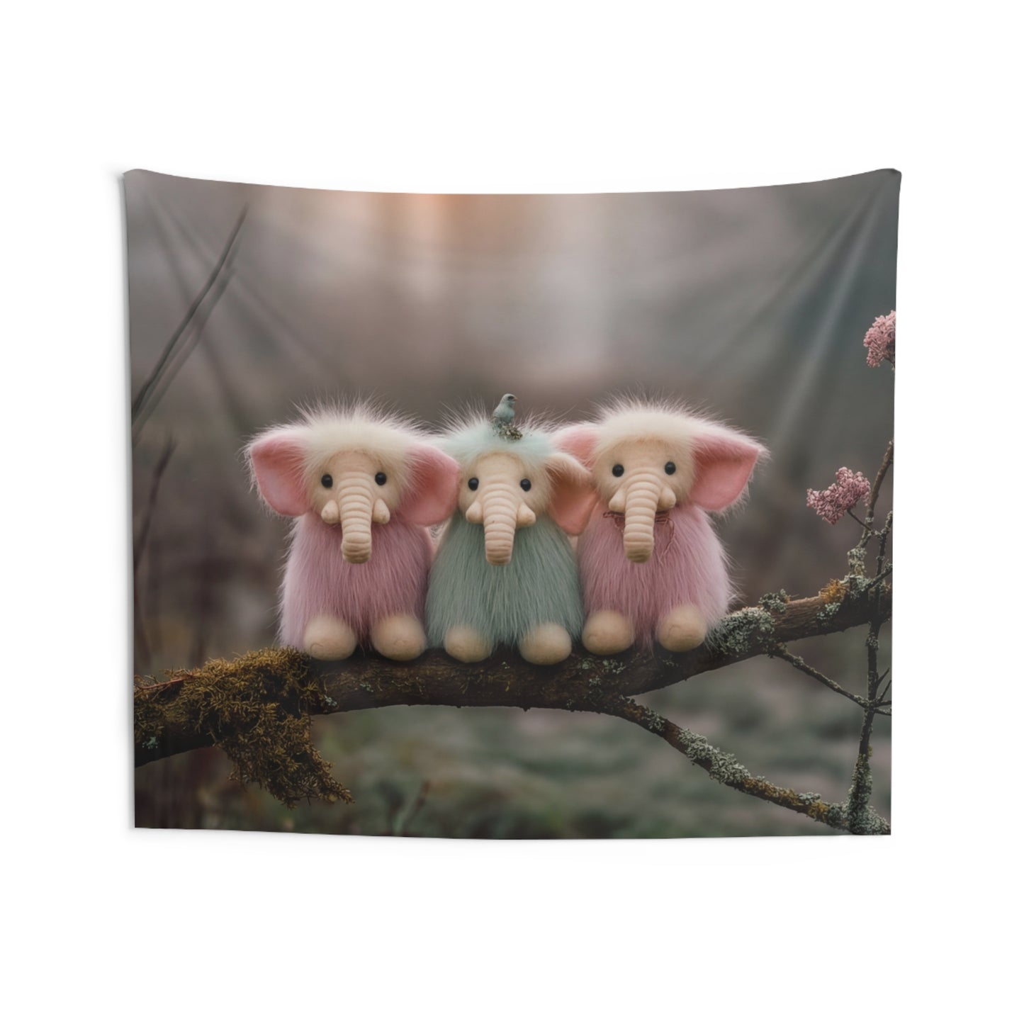 Trio of Furry Elephants Indoor Wall Tapestries – Dawn’s Whisper in the Mist