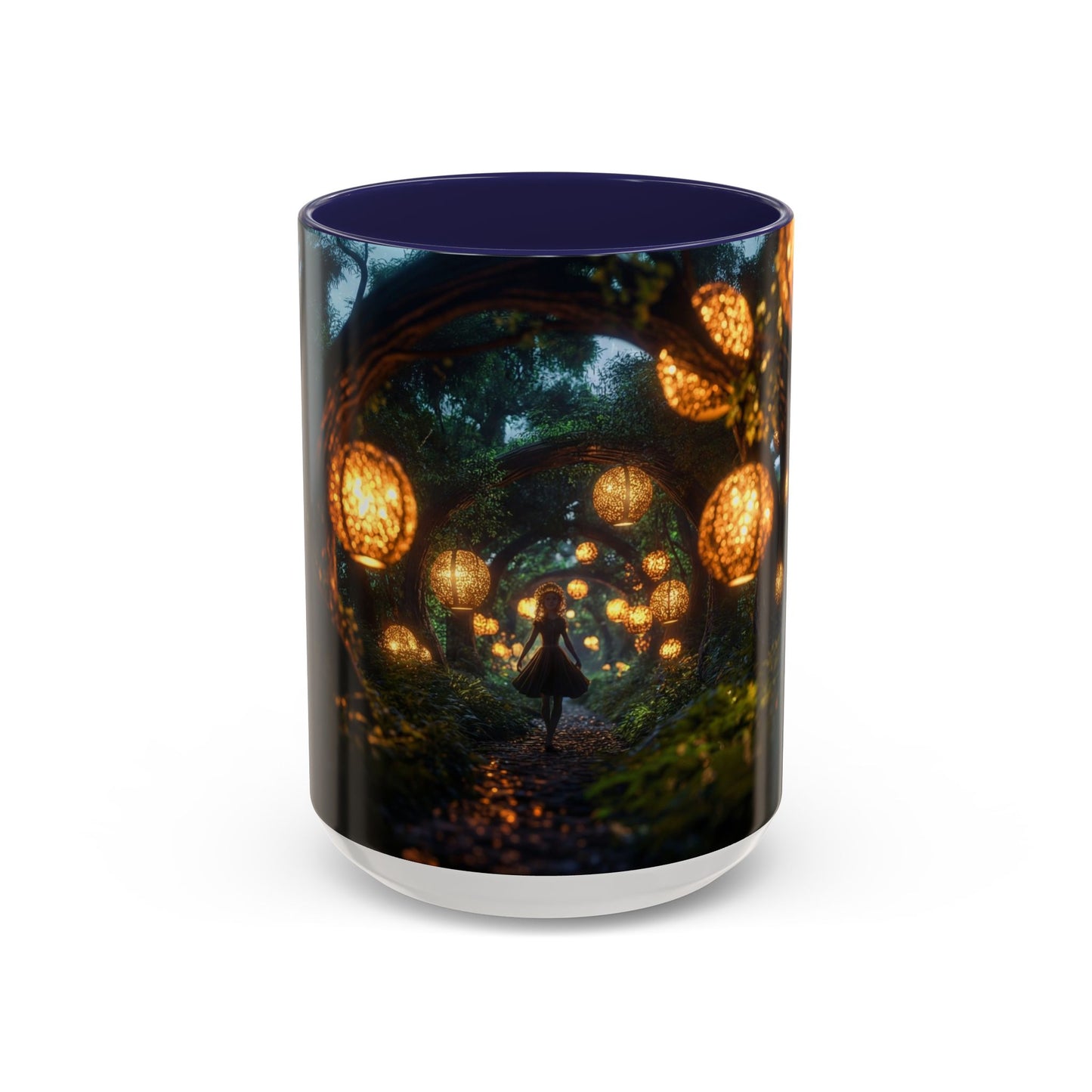 Luminous Forest Path Accent Coffee Mug (11, 15oz) – Warm Glow Through Ancient Branches