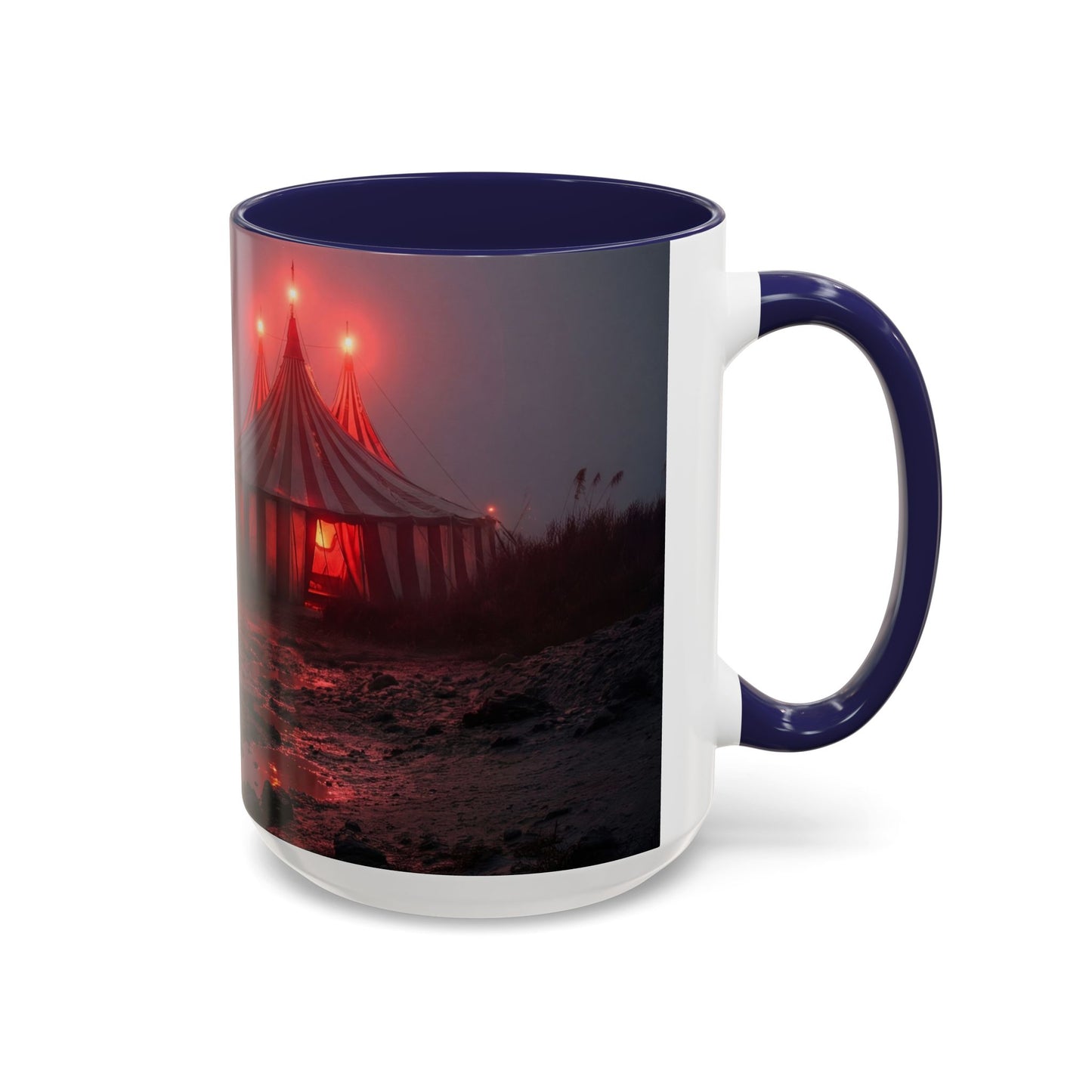 Crimson Circus Tent Accent Coffee Mug (11, 15oz) – Fog-Drenched Midnight Wonder