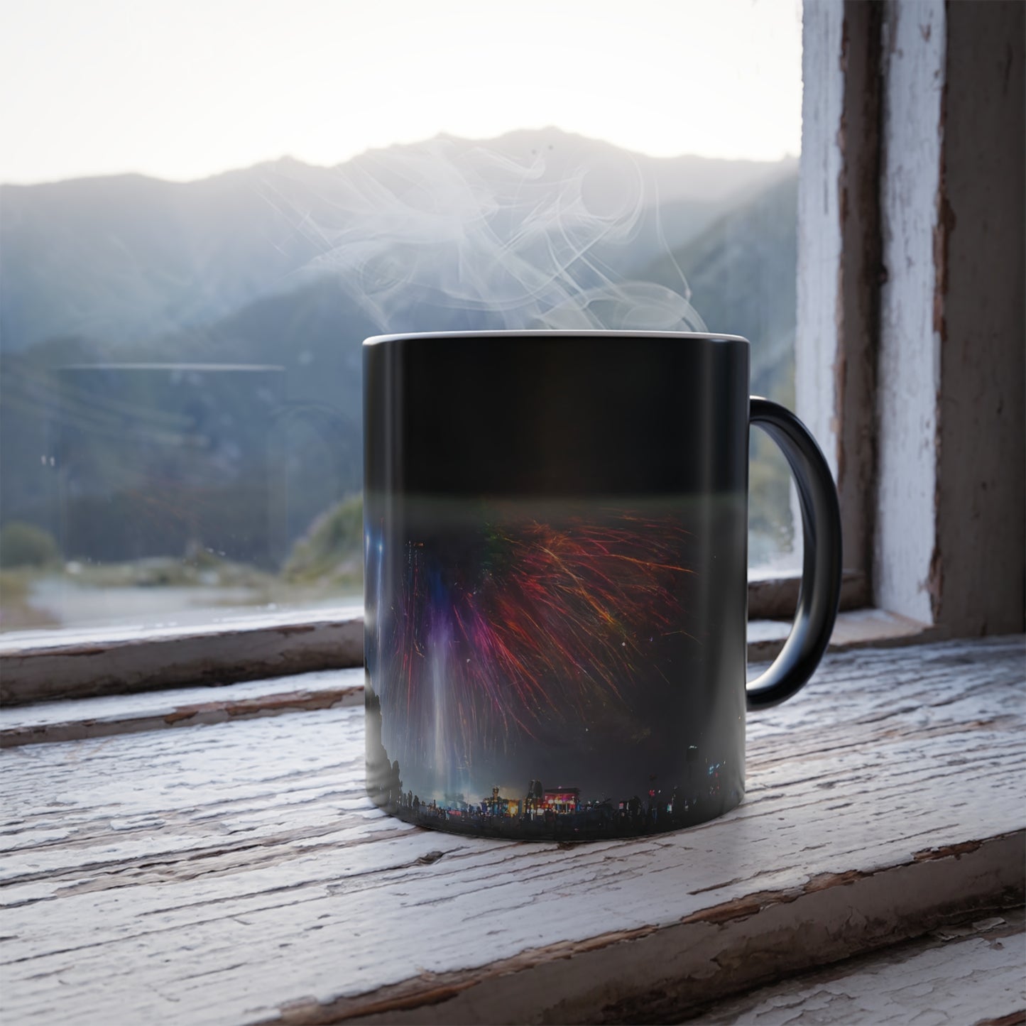 giant rainbow fireworks exploding in the sky, black rock city in the background, lasers and lights illuminating dust, last star in an early morning sky, crowds of people dancing below, award-winning photo, photographic realism - Color Morphing Mug, 11oz