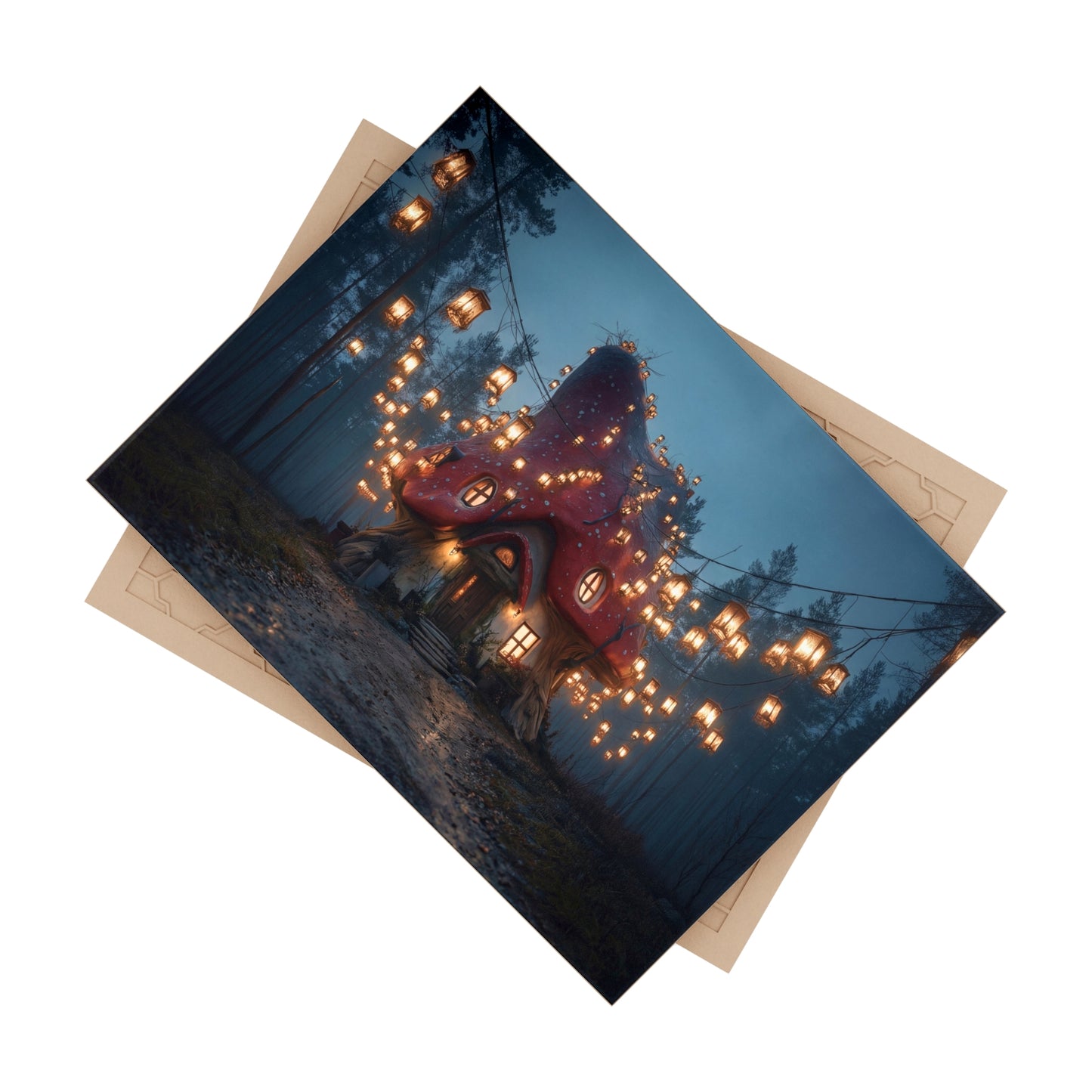 Mushroom Cottage Under Lanterns Ceramic Photo Tile – A Whisper of Twilight Magic
