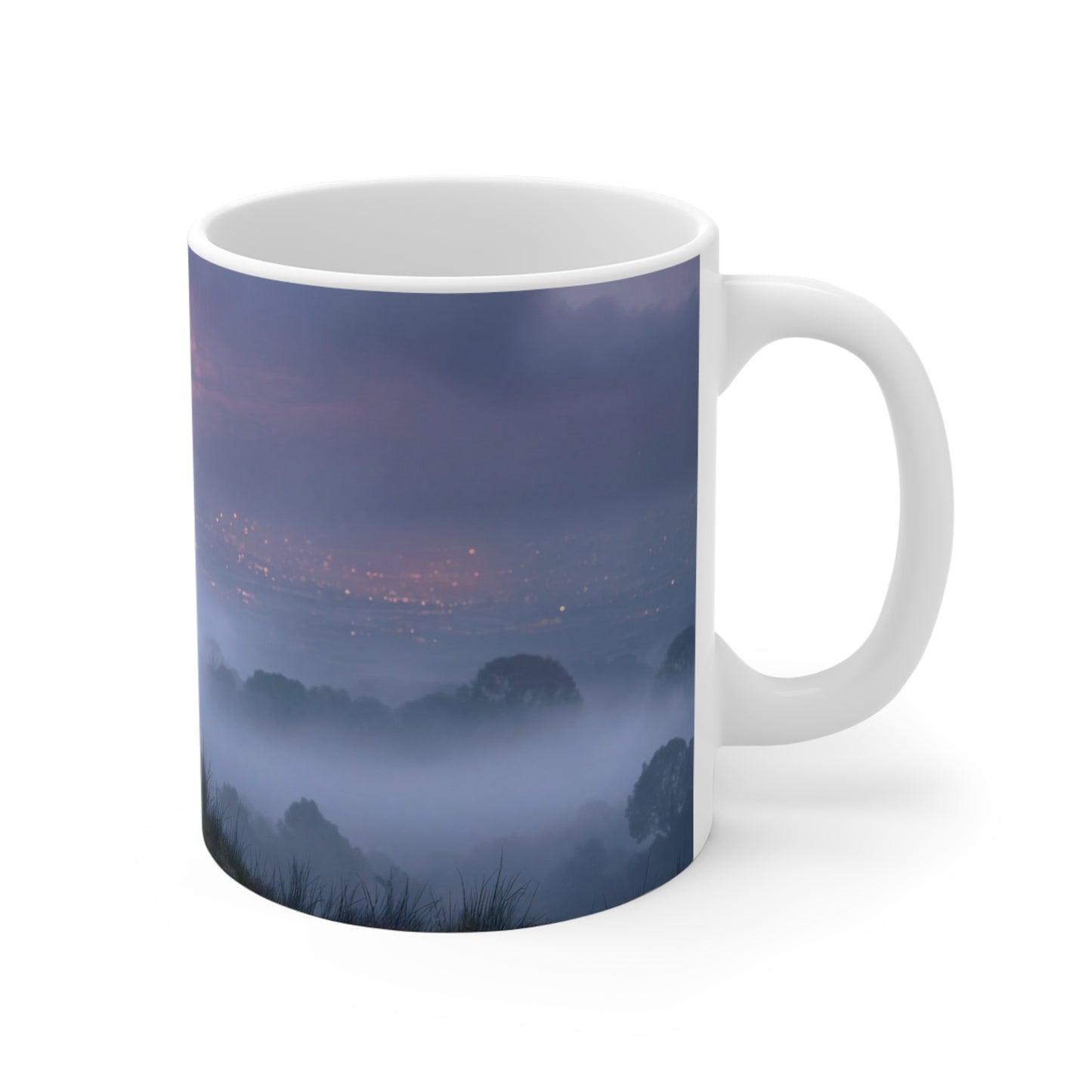 Twilight Sentinel Ceramic Mugs (11oz\15oz\20oz) – Moonlit Peak and Misty Cityscape