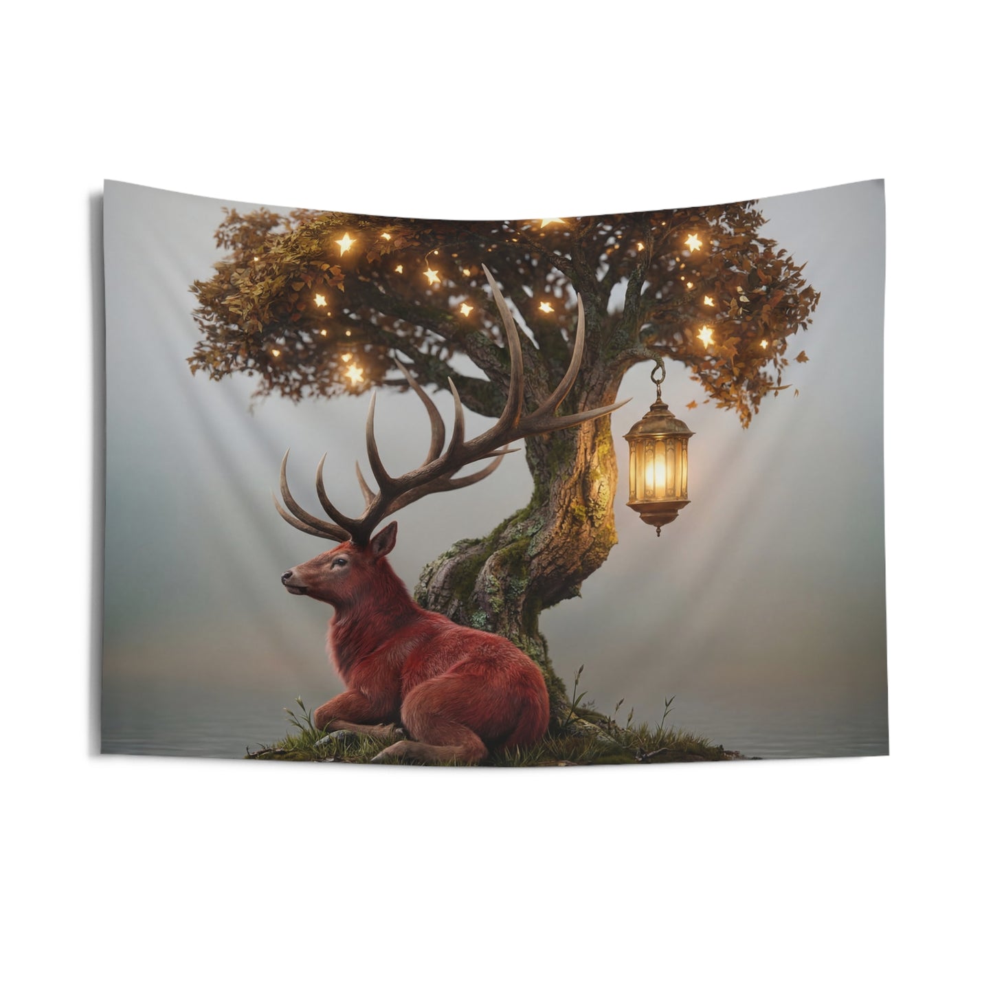 Starlit Stag by the Water Indoor Wall Tapestries – A Quiet Moment in the Twilight Woods