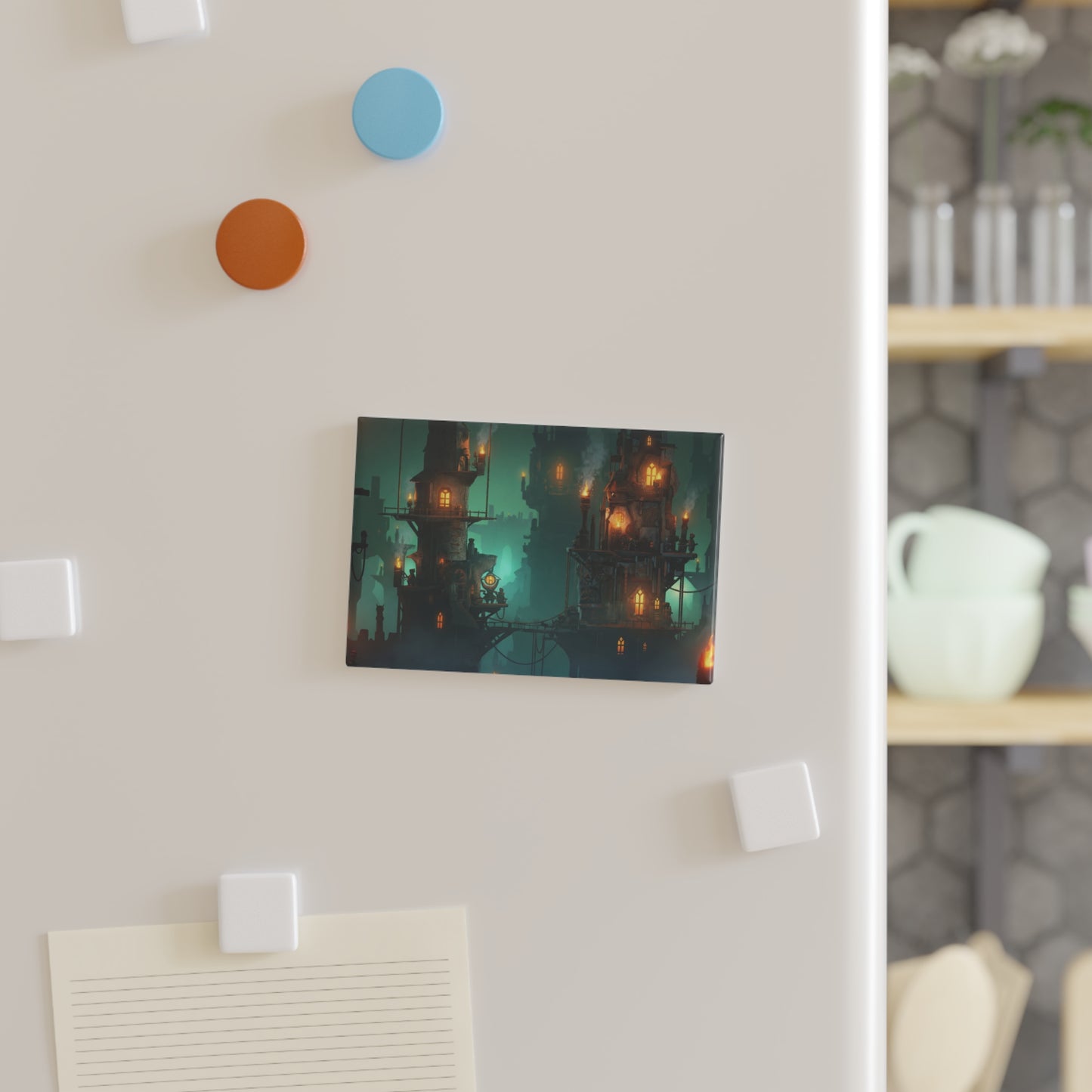 Floating City at Dusk Button Magnet, Rectangle (1 & 10 pcs) – Amber Lights in Emerald Mist