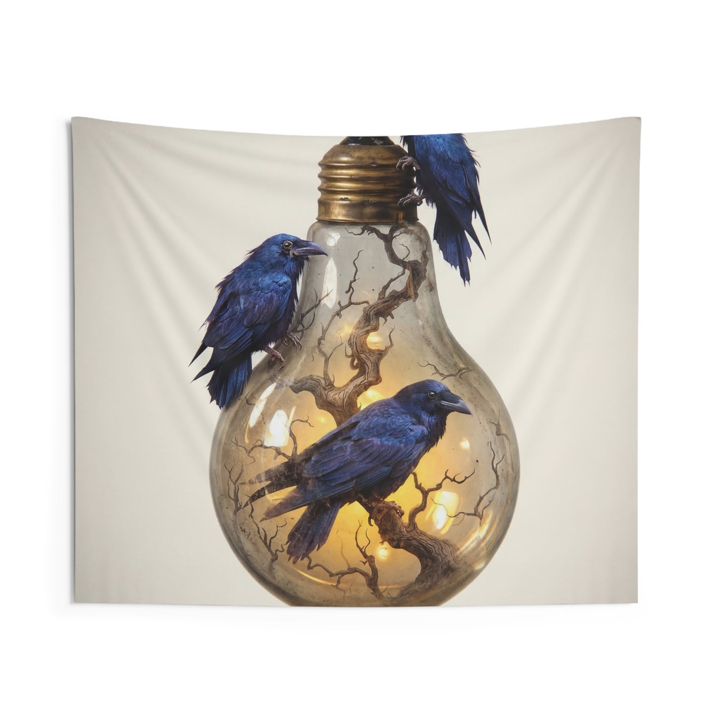 Ravens in the Glow Bulb Indoor Wall Tapestries – Midnight Wisdom Luminescence