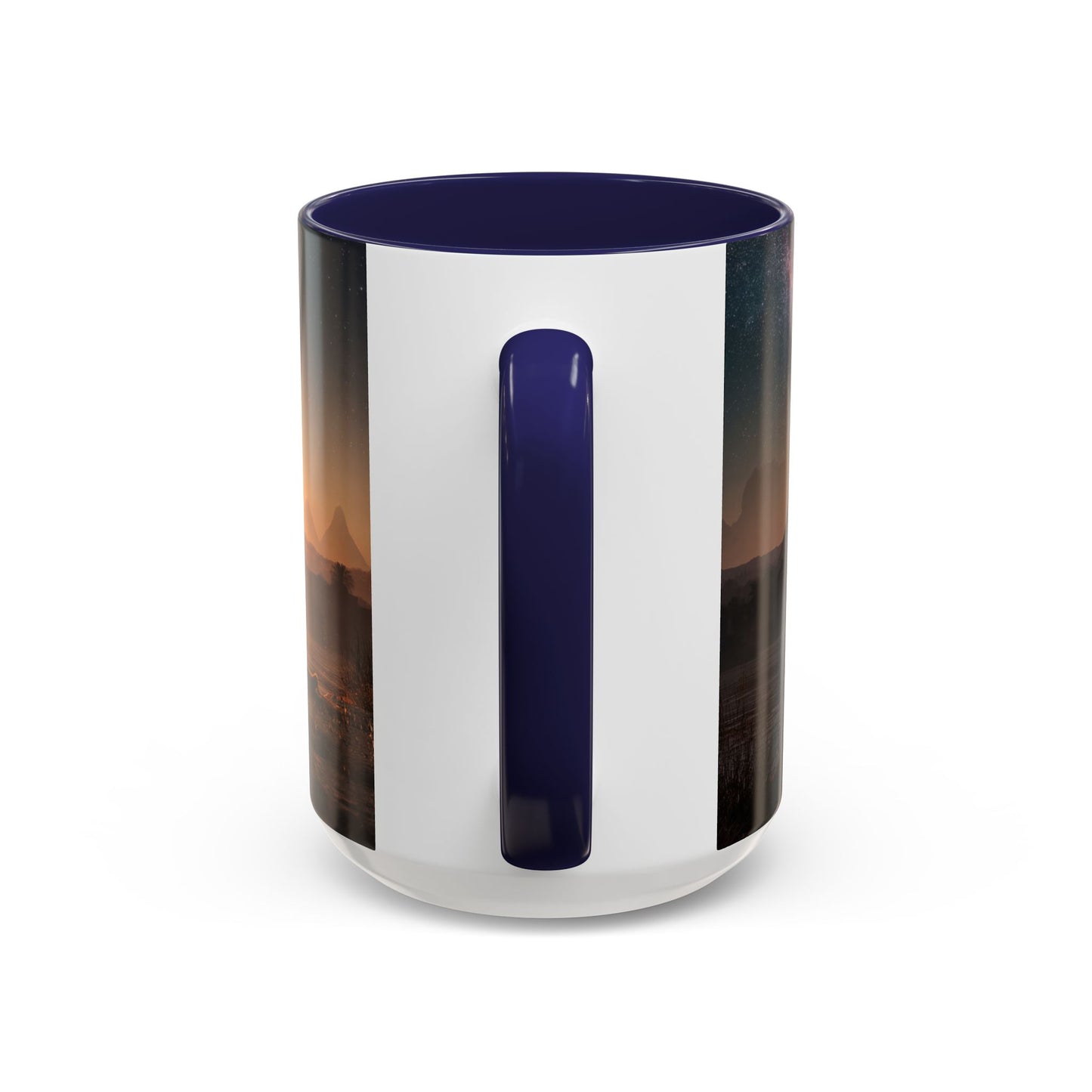 Starry Nile Guardian Cats Accent Coffee Mug (11, 15oz) – Ancient Pyramids Milky Way