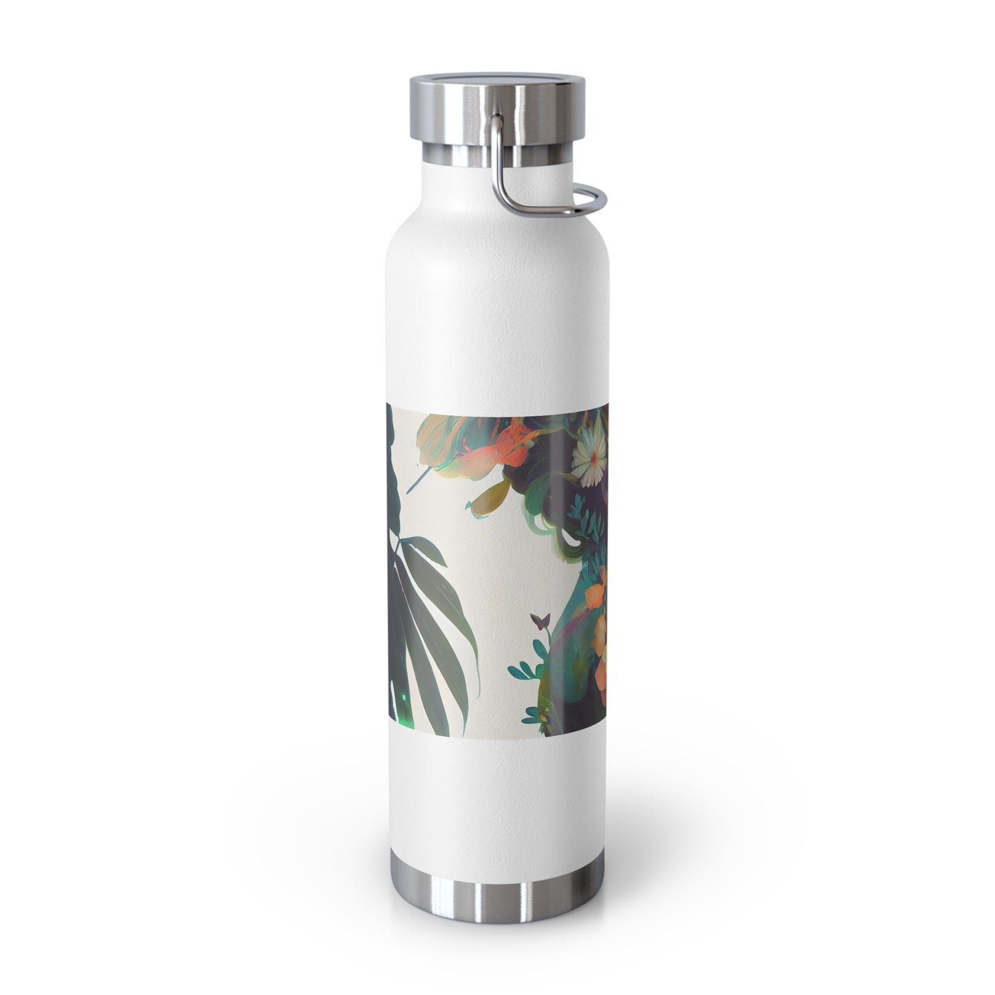 character design, double exposure shot, front profile of a beautiful tea faerie filled with a blooming amazonian jungle, happiness - Copper Vacuum Insulated Bottle, 22oz