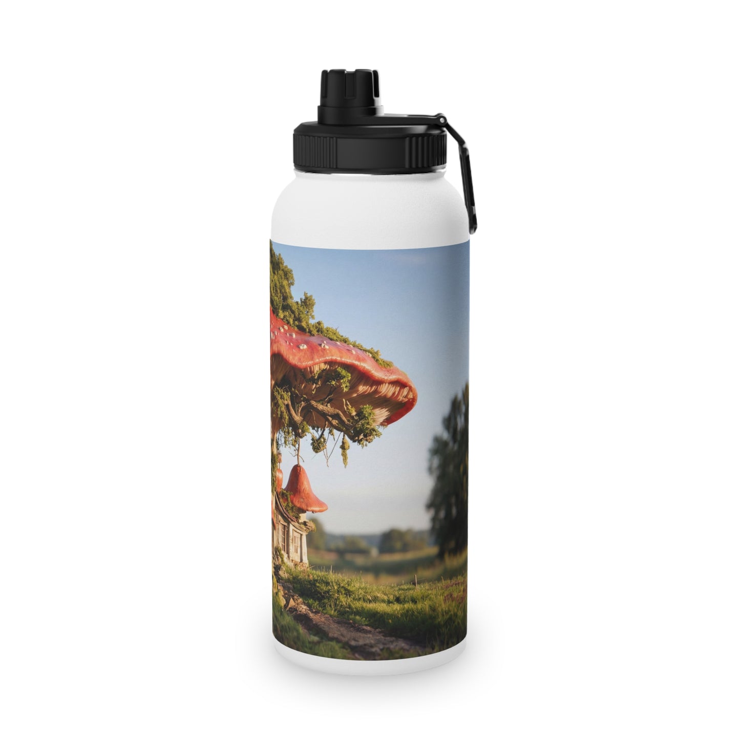 Mushroom Cottage Water Bottle – Red Cap Forest Dwelling with Gnarled Roots