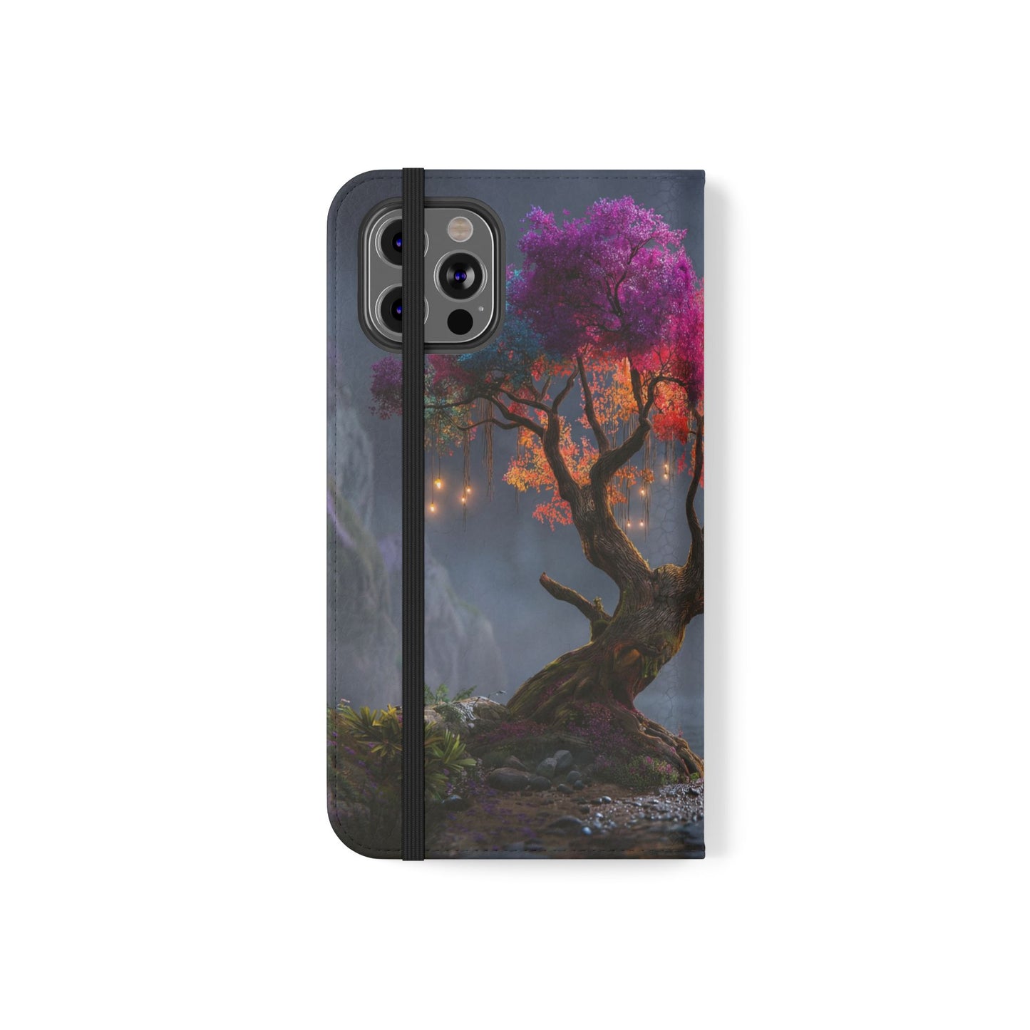 Chromatic Canopy Flip Cases – Rainbow Tree Moonlit Waterfall Scene