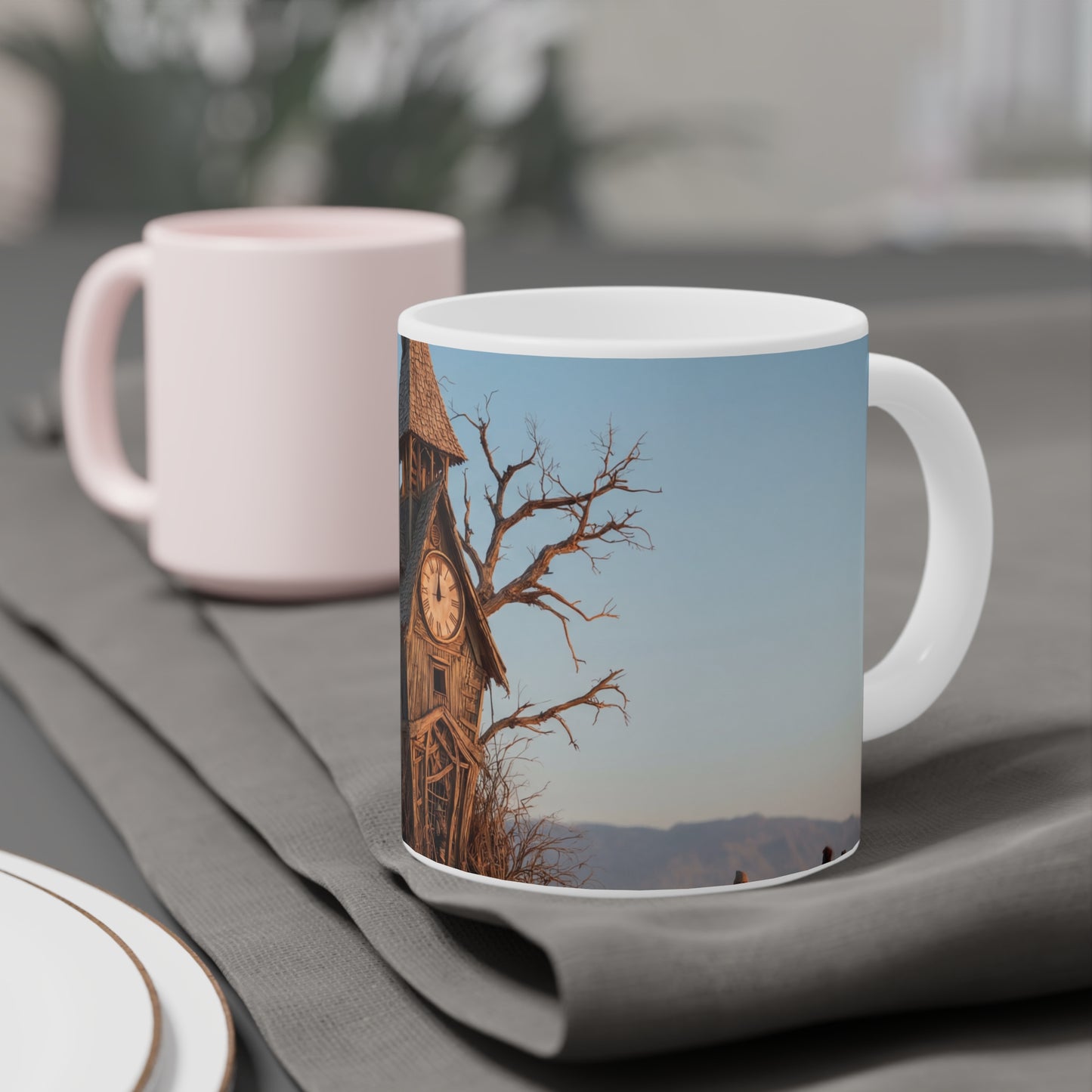 Clock Tower in the Drylands Ceramic Mugs (11oz\15oz\20oz) – Where Time Grows Wild