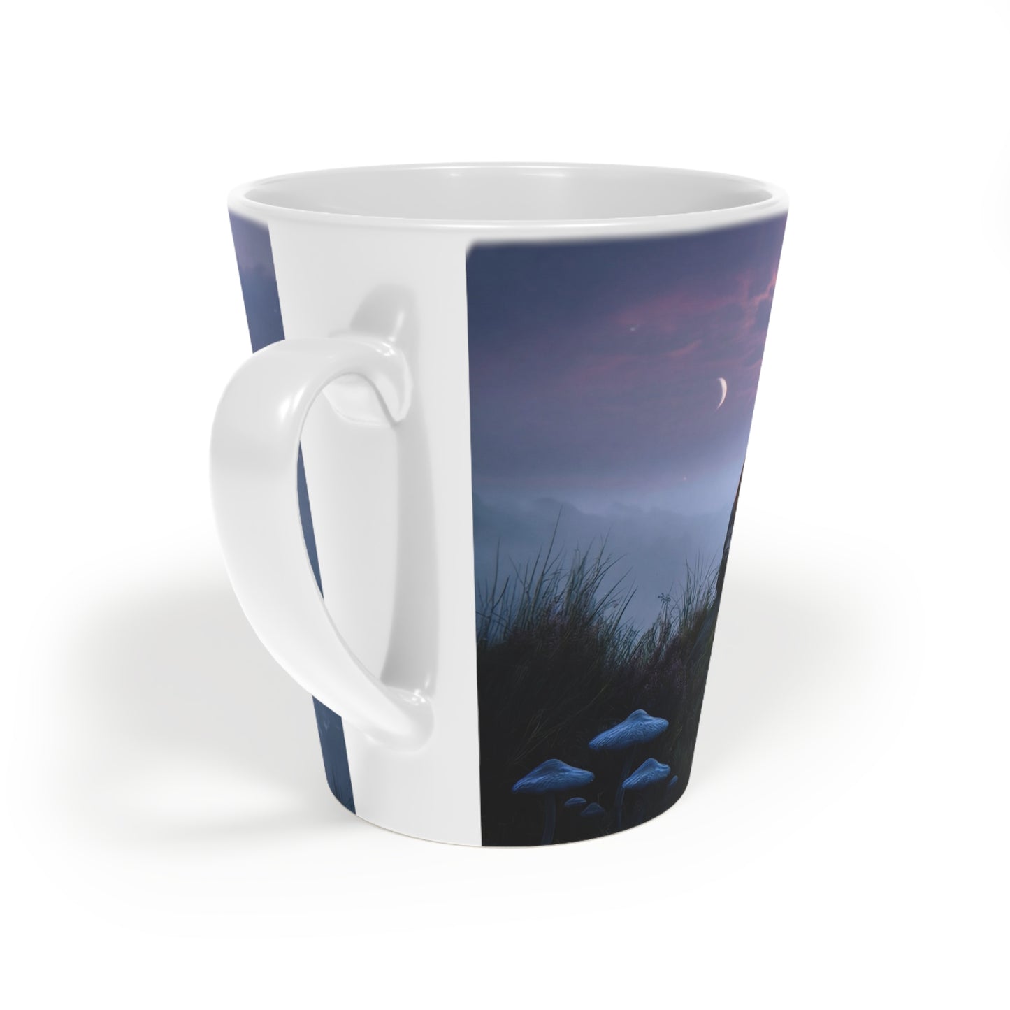 Moonlit Wanderer Latte Mug, 12oz – Twilight Over the Misty Vale