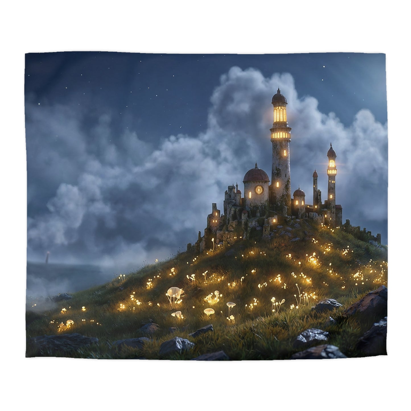 Luminous Castle Duvet Cover – Moonlit Keep Amidst Glowing Meadow