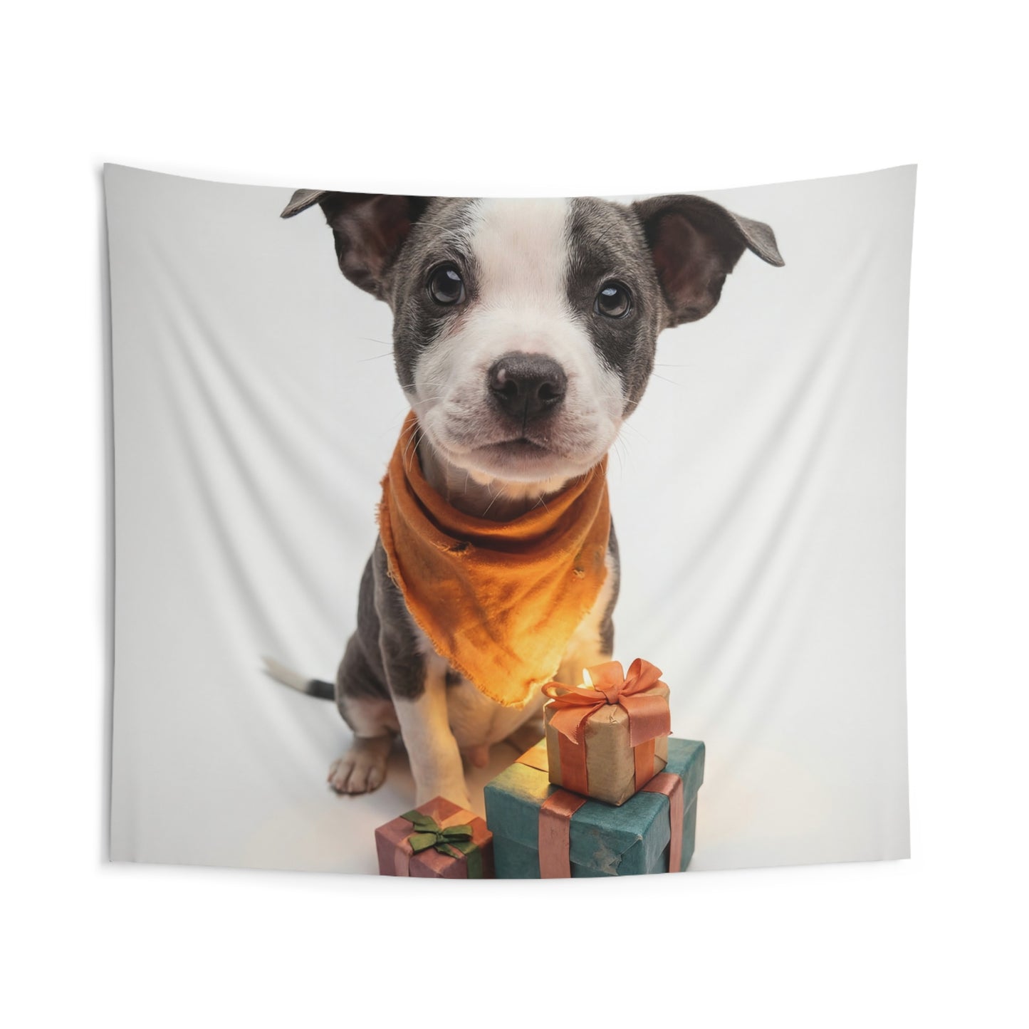 Curious Puppy with Gifts Indoor Wall Tapestries – Warm Orange Bandana and Gift Stack