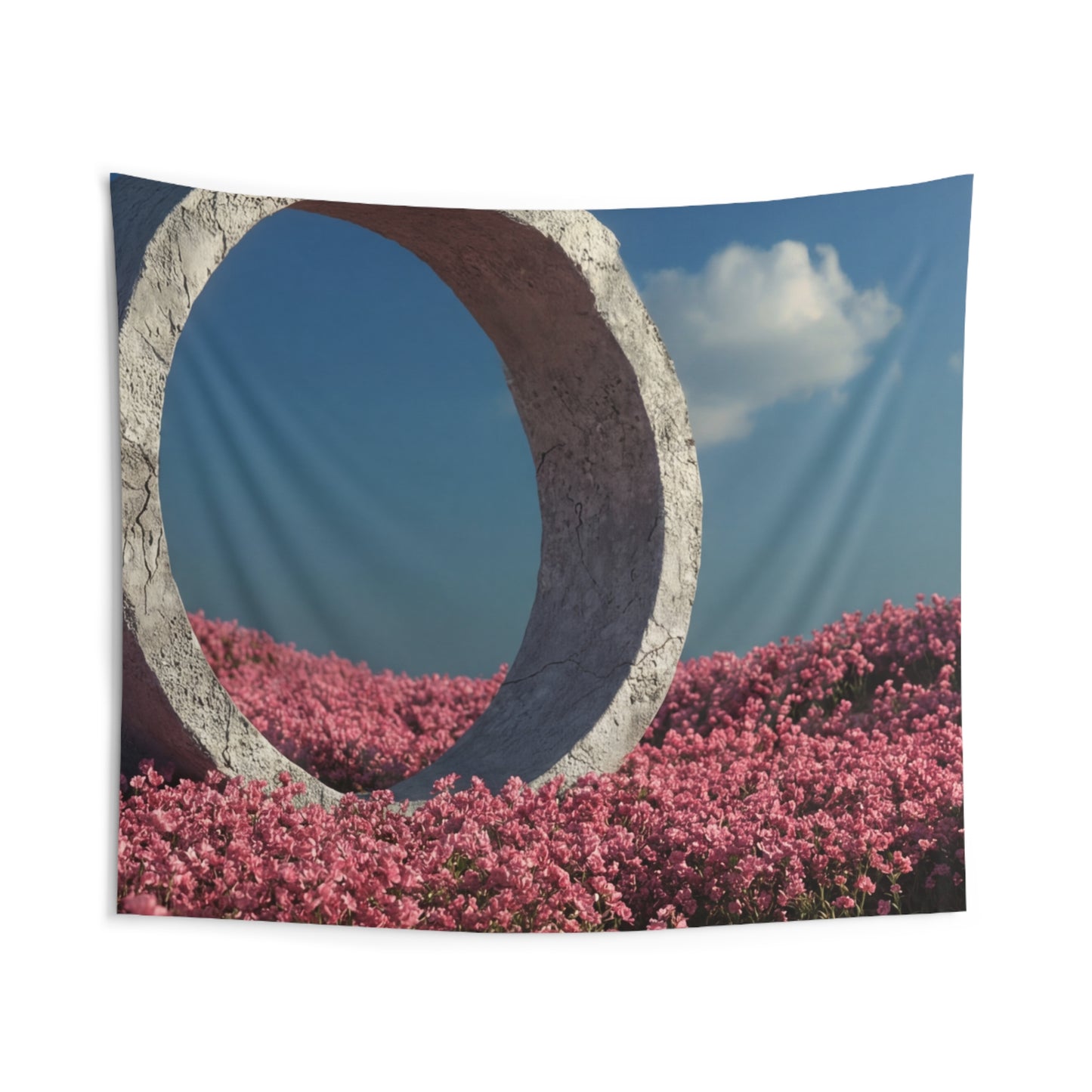 Stone Circle in Pink Bloom Field – Ethereal Gateway Wall Tapestry