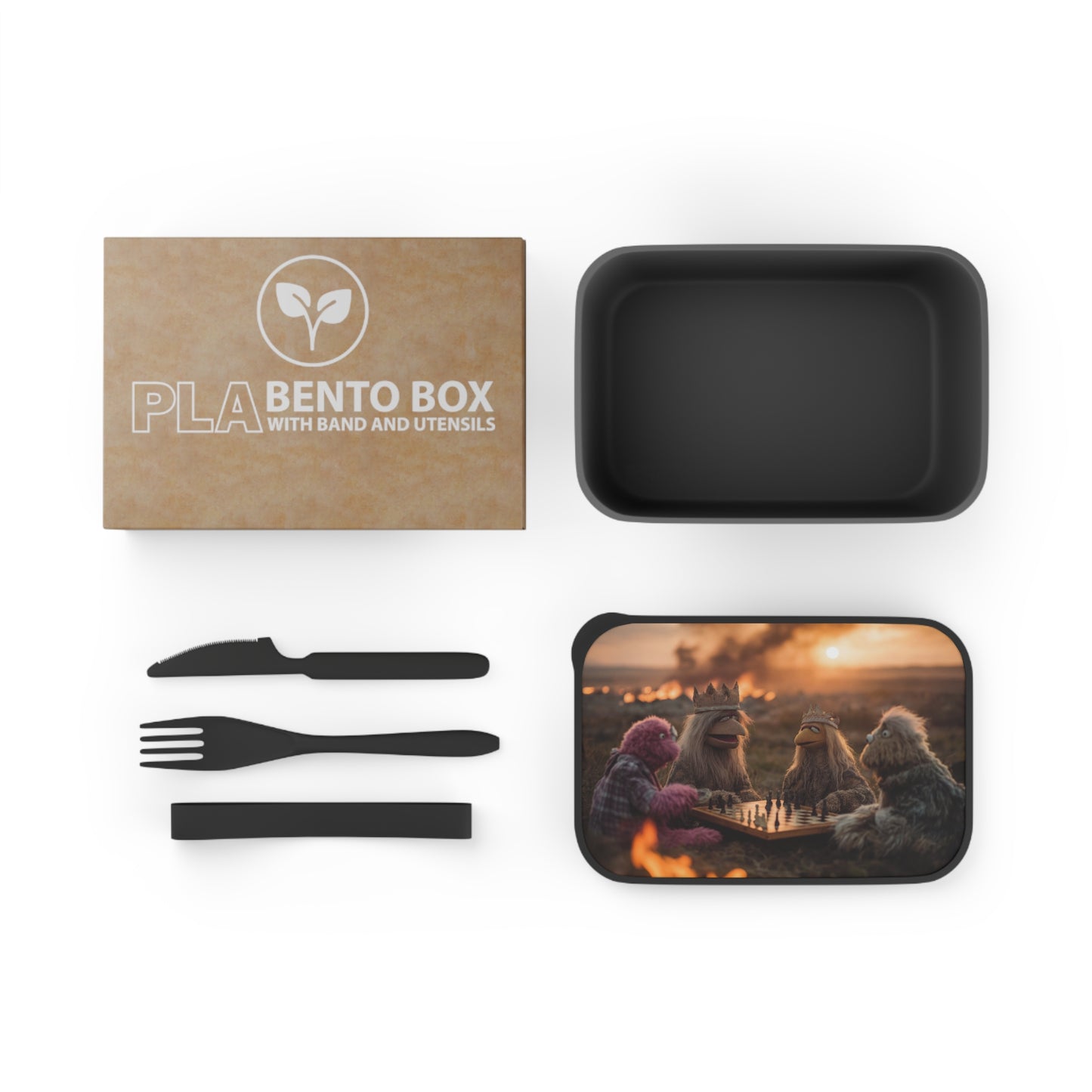 Kings of the Sunset Chess Match PLA Bento Box with Band and Utensils – Warm Ember Afternoon
