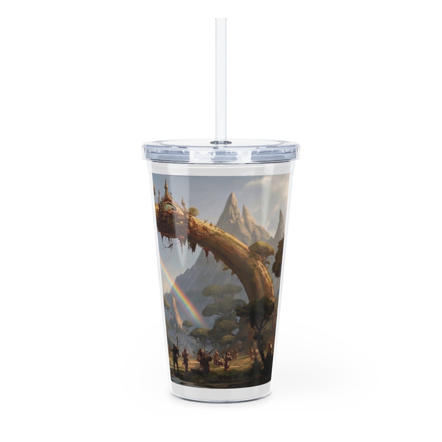 Arcane Treebridge Tumbler with Straw – Where Legends Gather Beneath Twin Rainbows