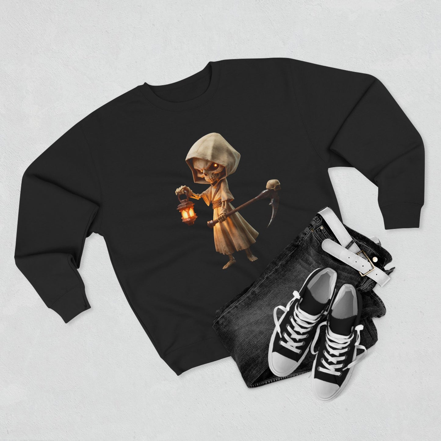Lantern Bearer Hooded Skeleton Crewneck Sweatshirt – Warm Glow Guardian Art