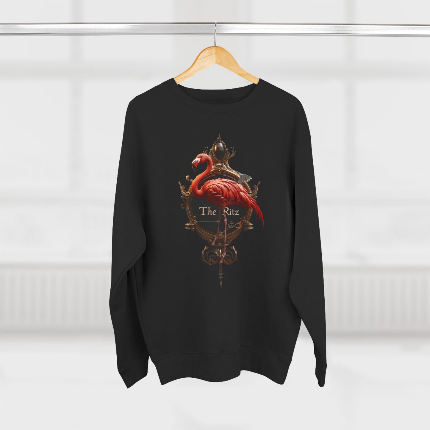 The Ritz Flamingo Unisex Crewneck Sweatshirt – Regal Pink Crest and Ornate Frame
