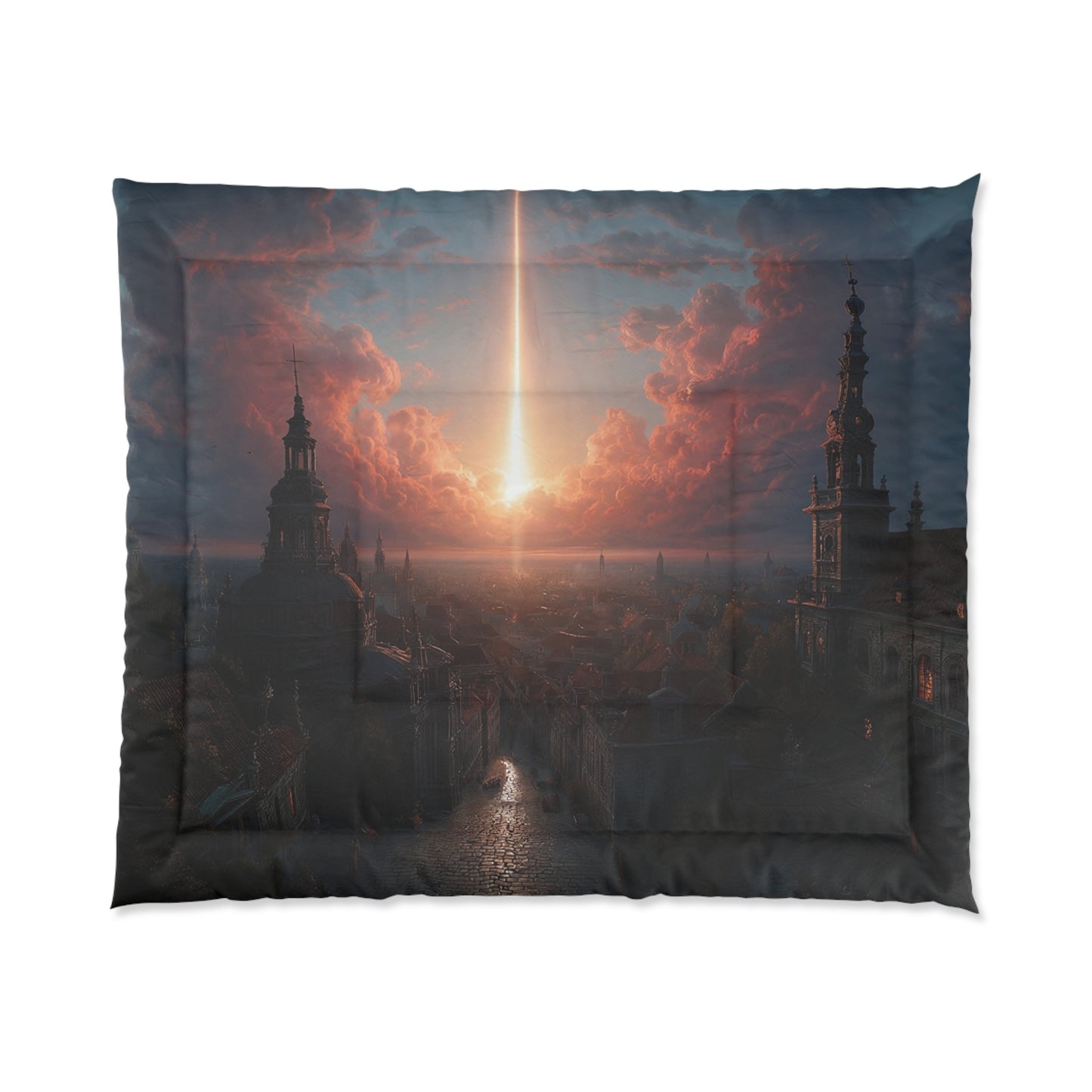 Celestial Ray Comforter – Cityscape at Dawn’s Divine Glow