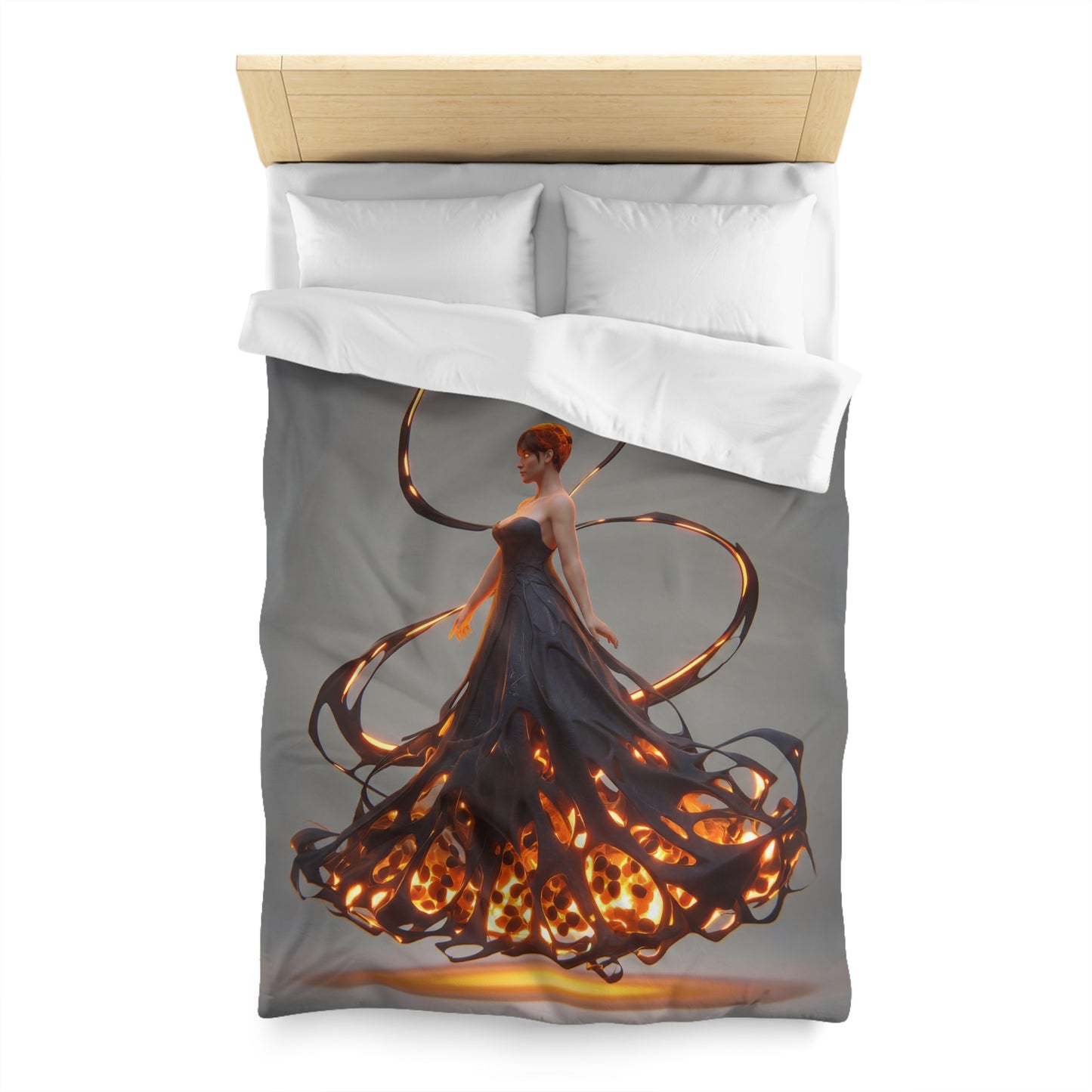 Luminescent Veil Duvet Cover – Floating Goddess in Amber Glow