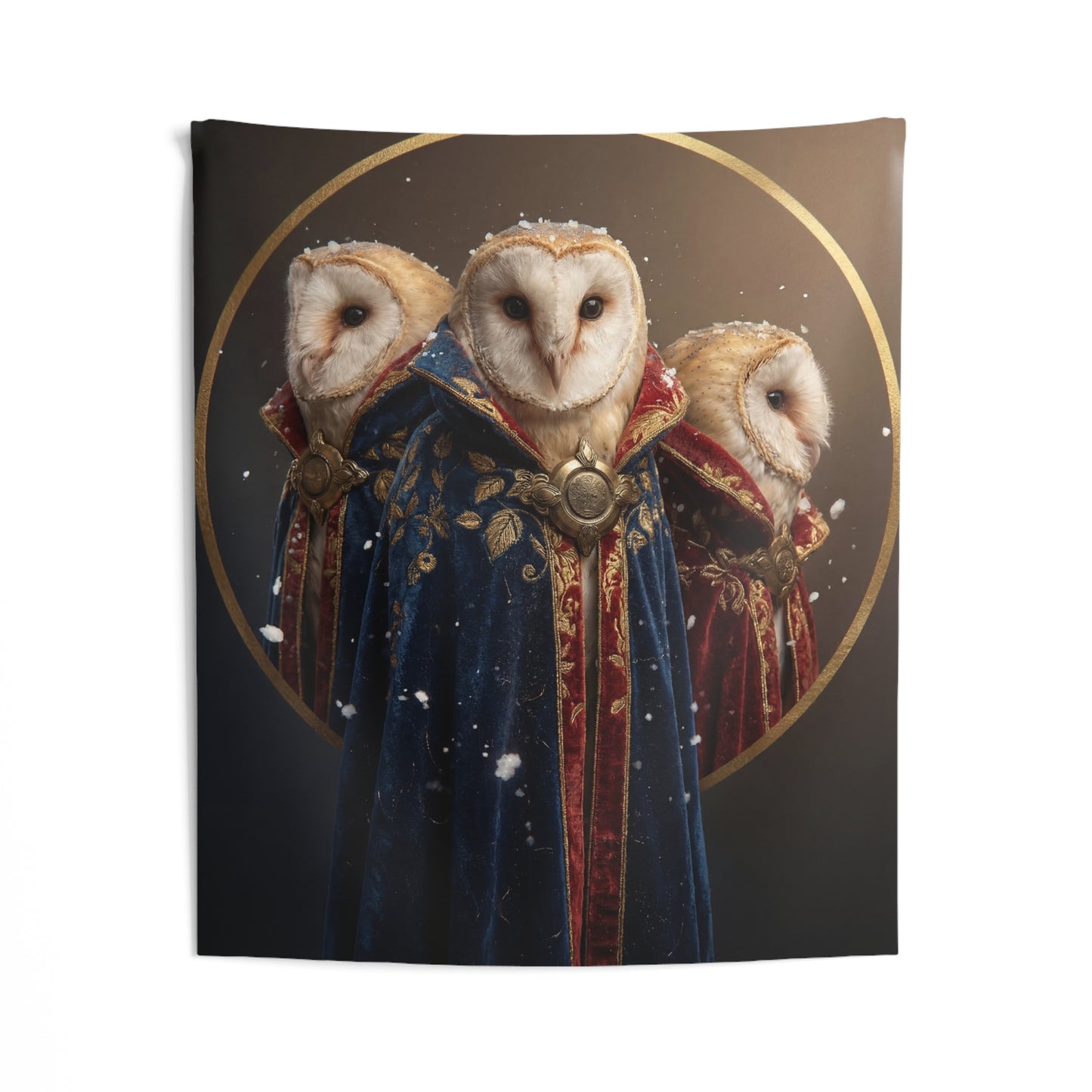 Three Wise Owls Indoor Wall Tapestries – Velvet Cloaks in Winter’s Hush