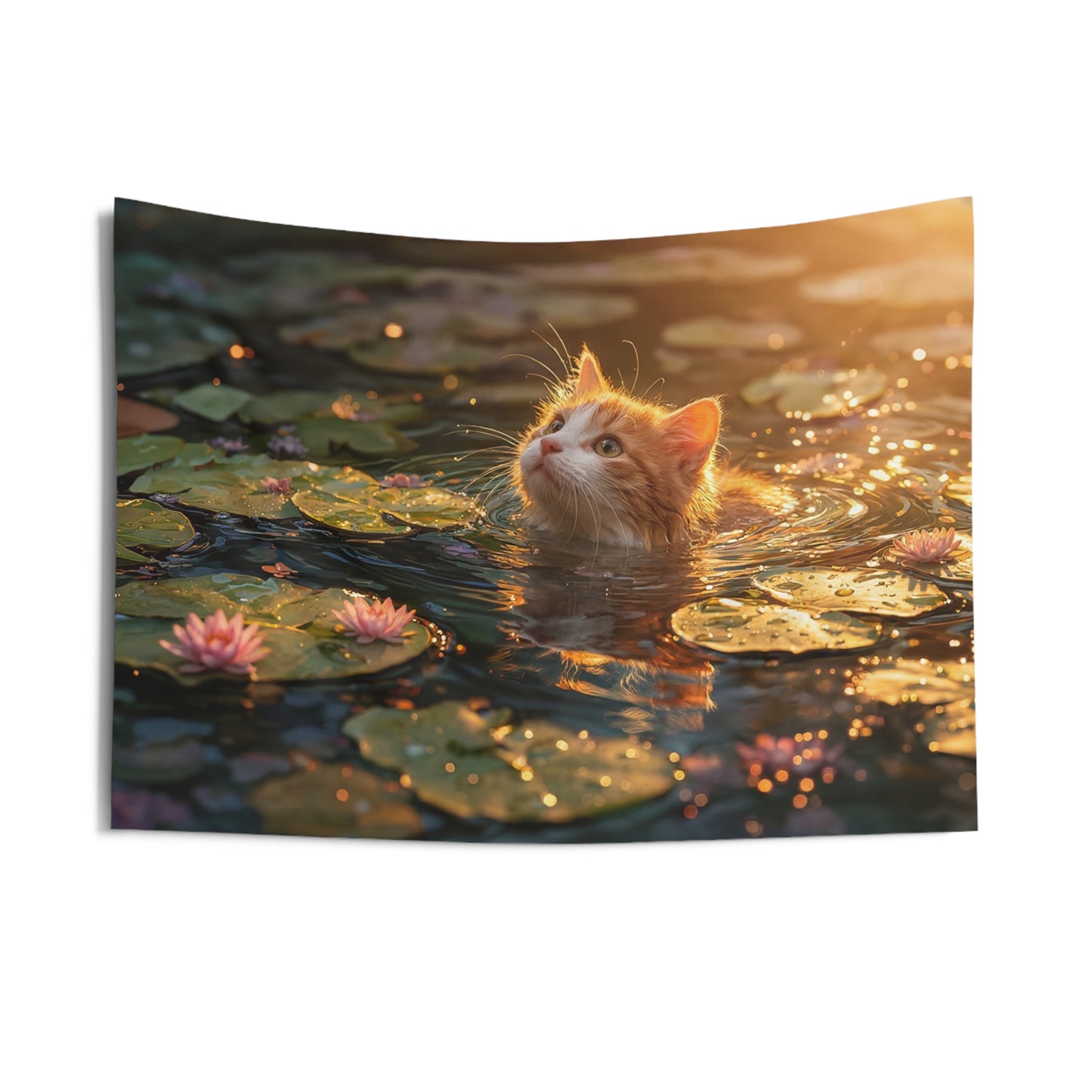 Sunlit Cat in Lotus Pond Indoor Wall Tapestries – Golden Hour Serenity