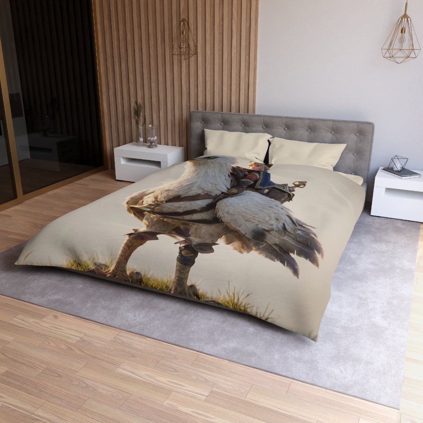 Young Rider on White Eagle Microfiber Duvet Cover – Sunset Horizon Companion