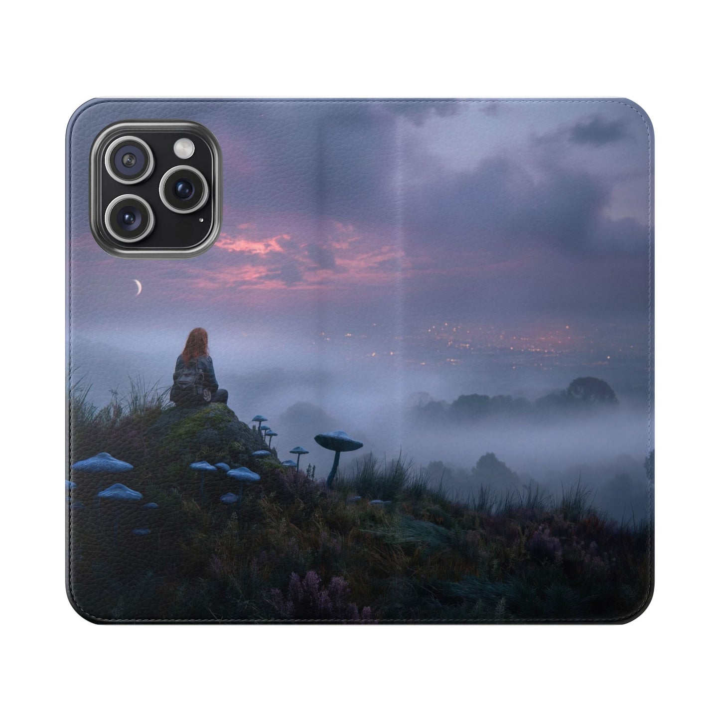 Misty Hilltop Flip Cases – Red-Haired Wanderer at Twilight