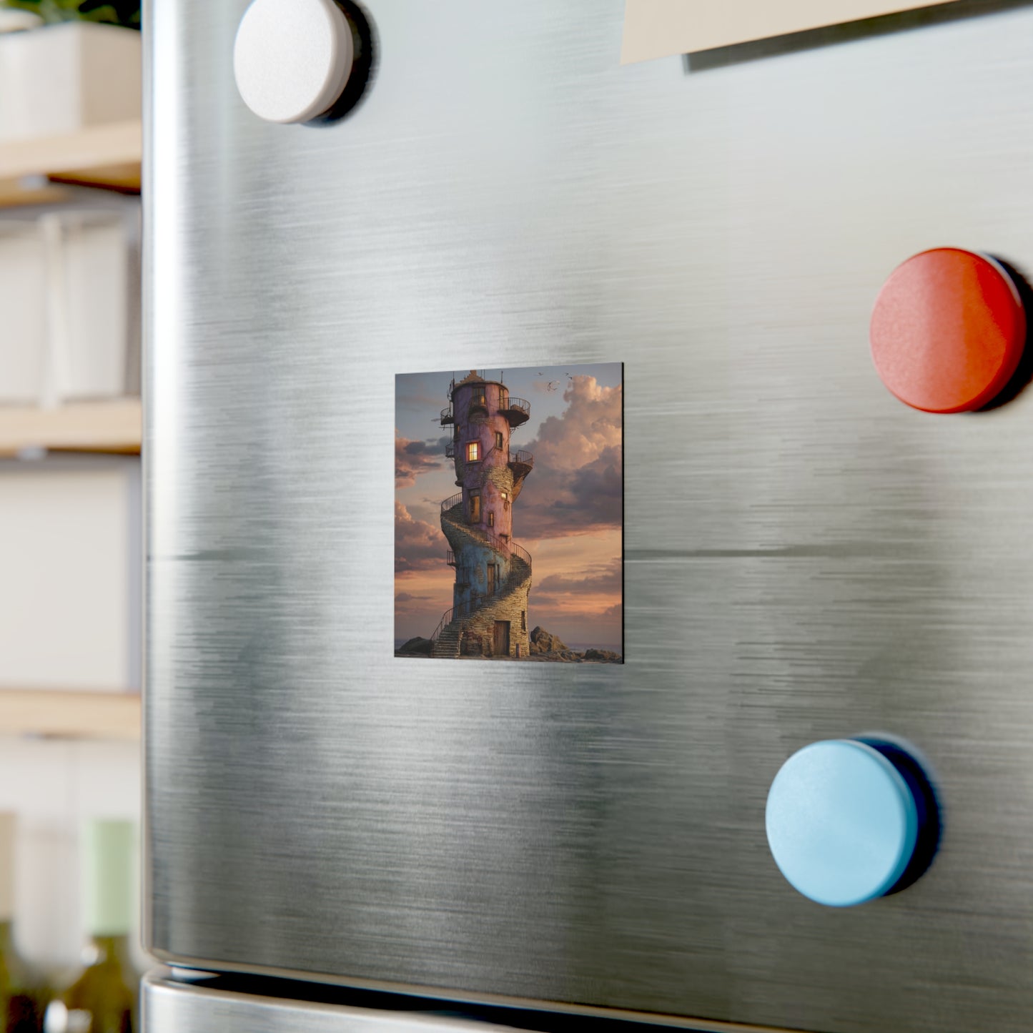 Coastal Lighthouse Tower Magnet – Sunset Sentinel on Rocky Shore